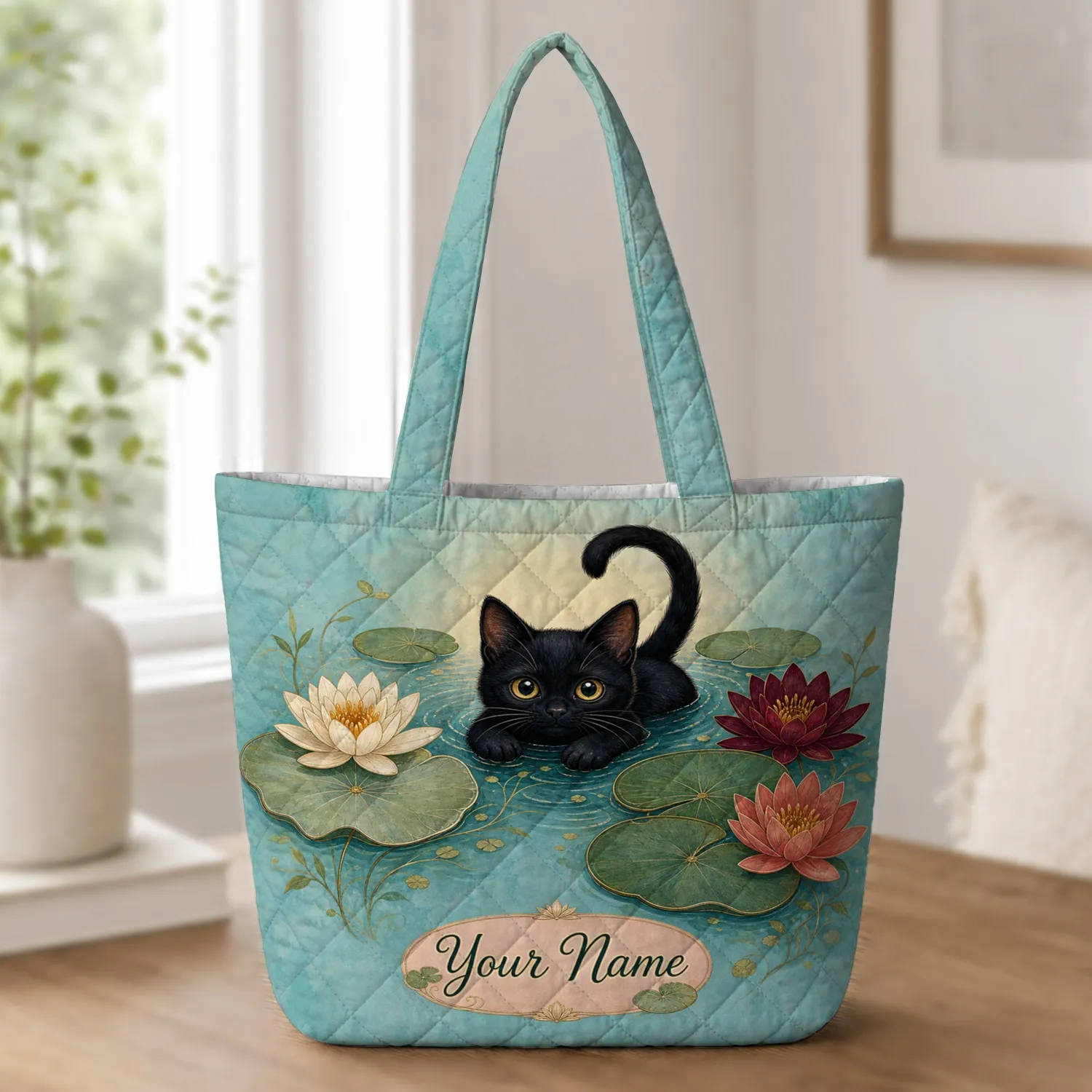 Black Kitten Water Lily Pond Gift For Cat Lovers, Beach Days, Travel And Daily Commutes Quilted Tote Bag - 1