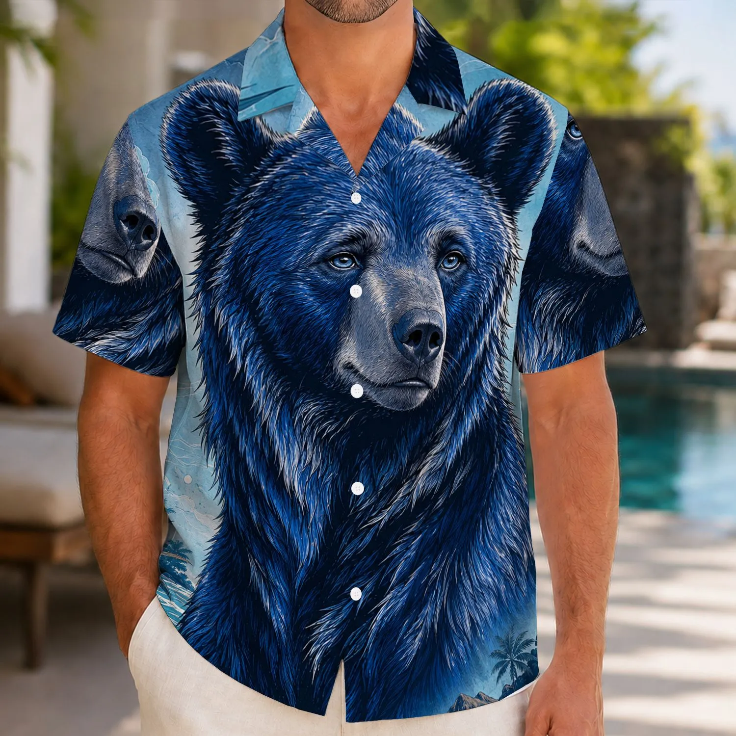 Majestic Blue Black Coastal Bear With Palms For Tropical Resort Vacation Travel Wear Hawaiian Shirt - 1