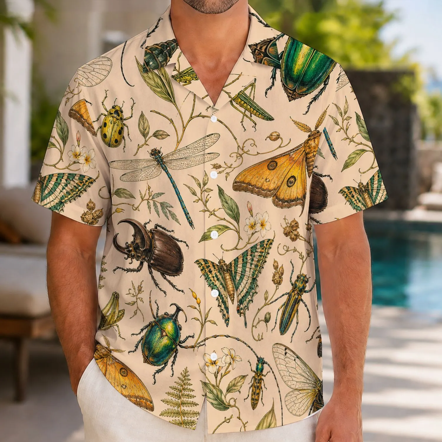 Vintage Tropical Insect Motifs For Resort Travel And Summer Vacation Wear For Men Hawaiian Shirt - 1