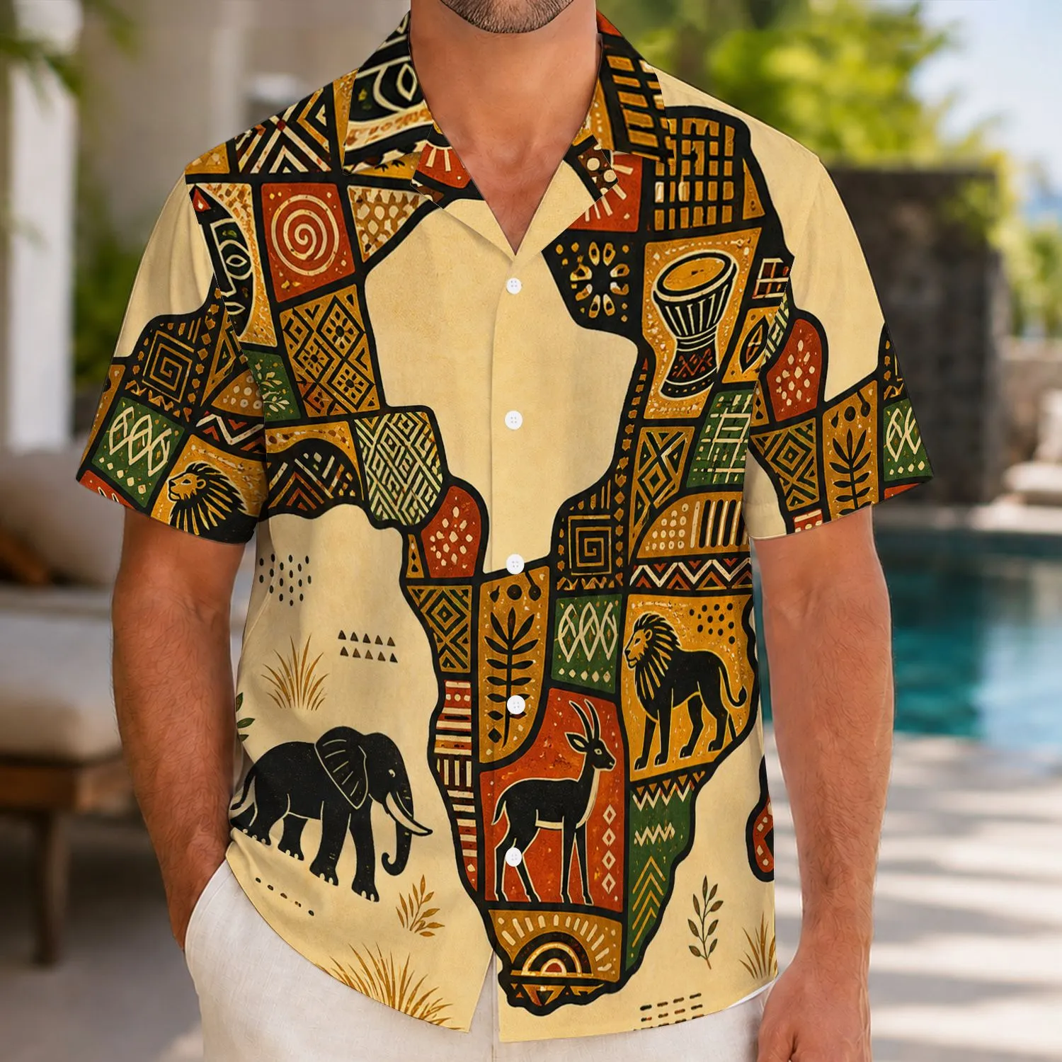 African Map Animal Mosaic Cultural Travel Resort Style For Men Vacation Wear Outfit Hawaiian Shirt - 1