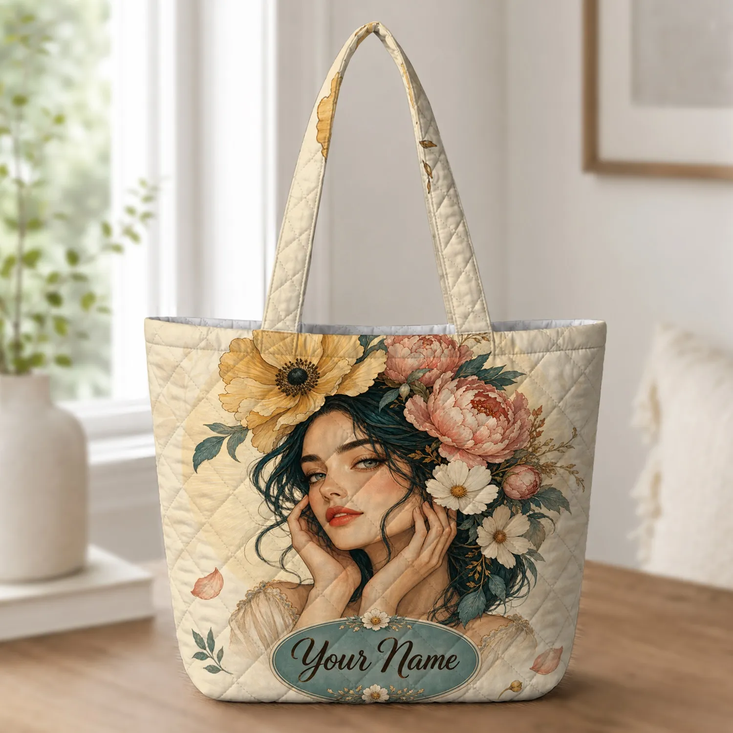 Teal Haired Floral Woman Portrait For Everyday Travel, Shopping And Thoughtful Gifts Quilted Tote Bag - 1