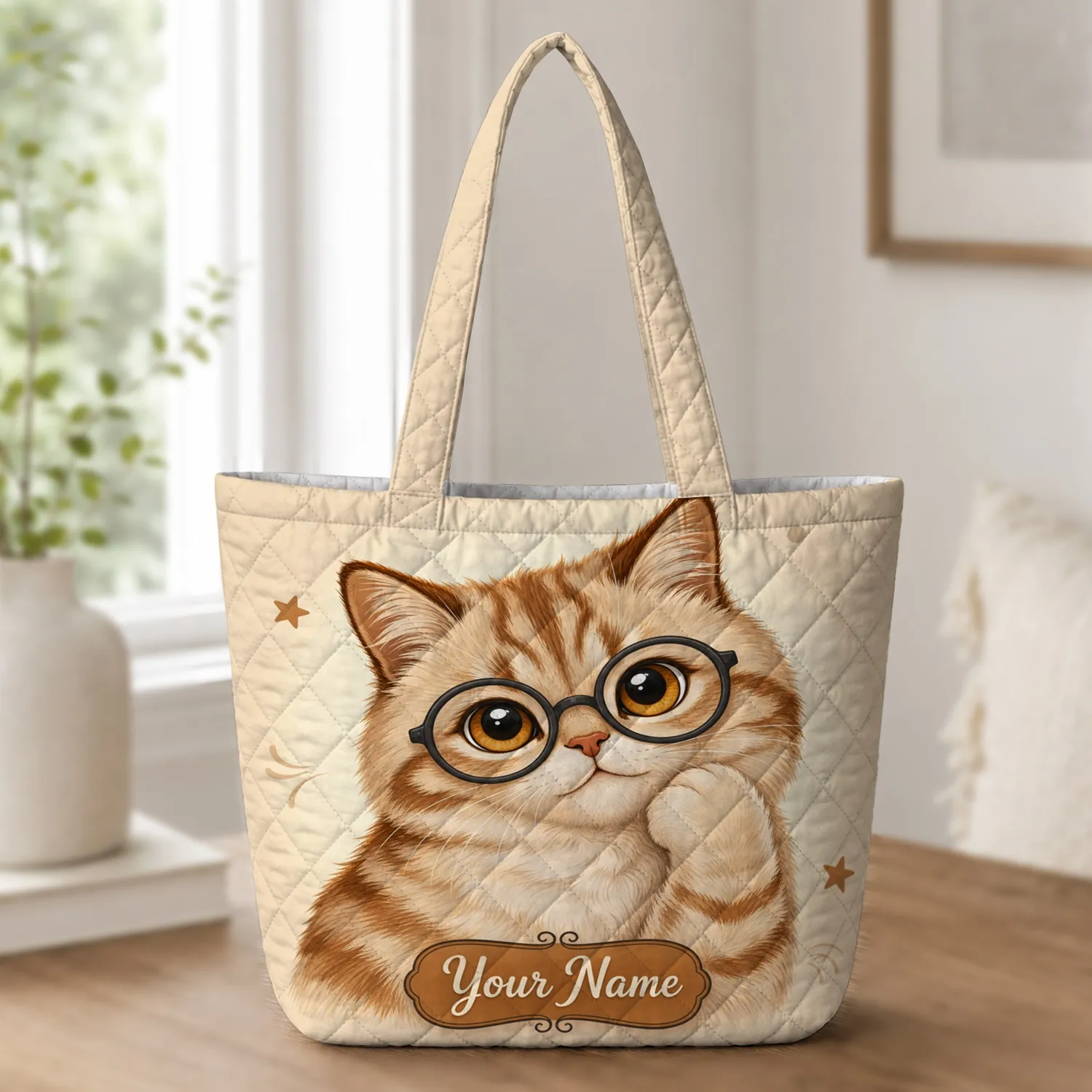 Fluffy Cream Tabby Cat With Round Glasses For Everyday Travel And Cat Lover Gifts Quilted Tote Bag - 1