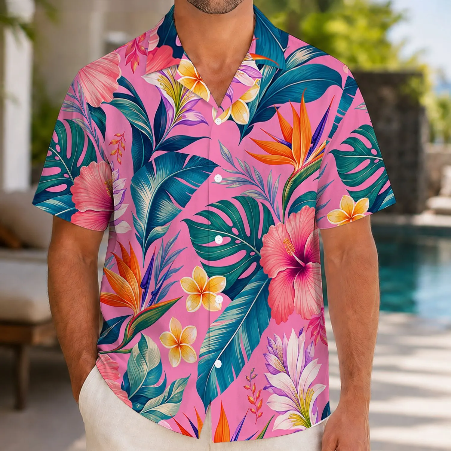 Pink Tropical Flowers And Teal Leaves For Beach Vacations, Resort Getaways, And Cruise Travel Hawaiian Shirt - 1