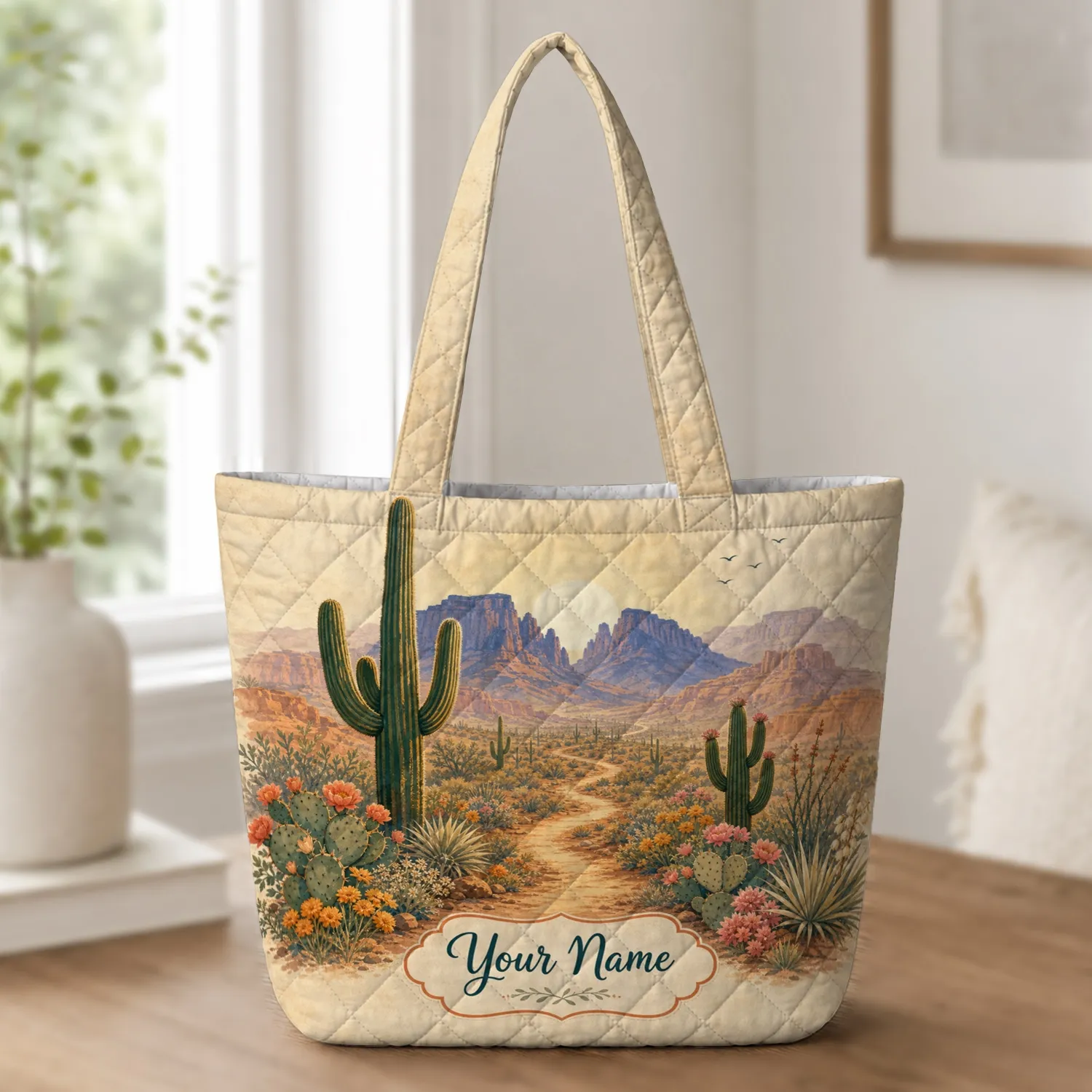 Southwestern Desert Cactus Wildflowers For Travel, Market Days And Everyday Carry Quilted Tote Bag - 1