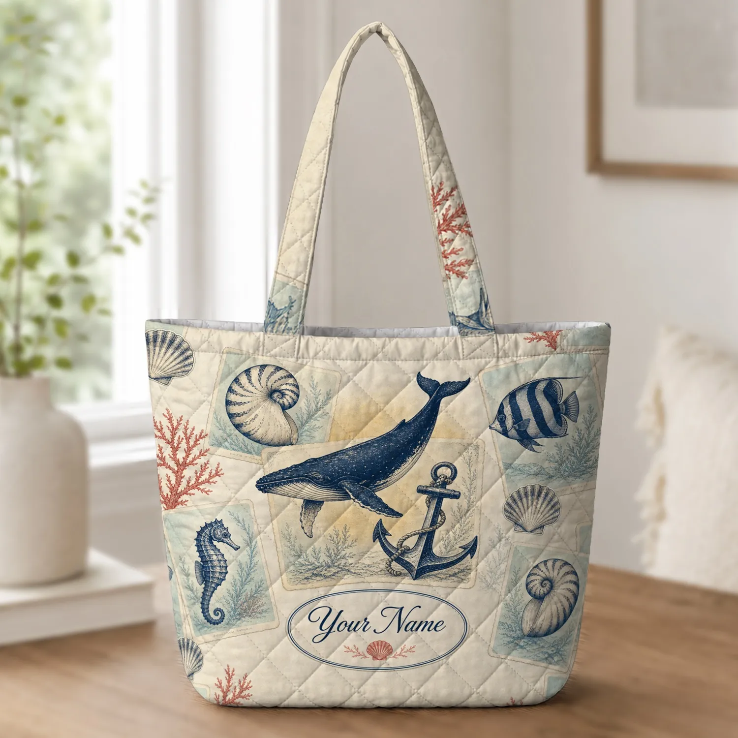 Vintage Nautical Whale Anchor Coastal Postcards For Beach Travel And Ocean Lovers Quilted Tote Bag - 1