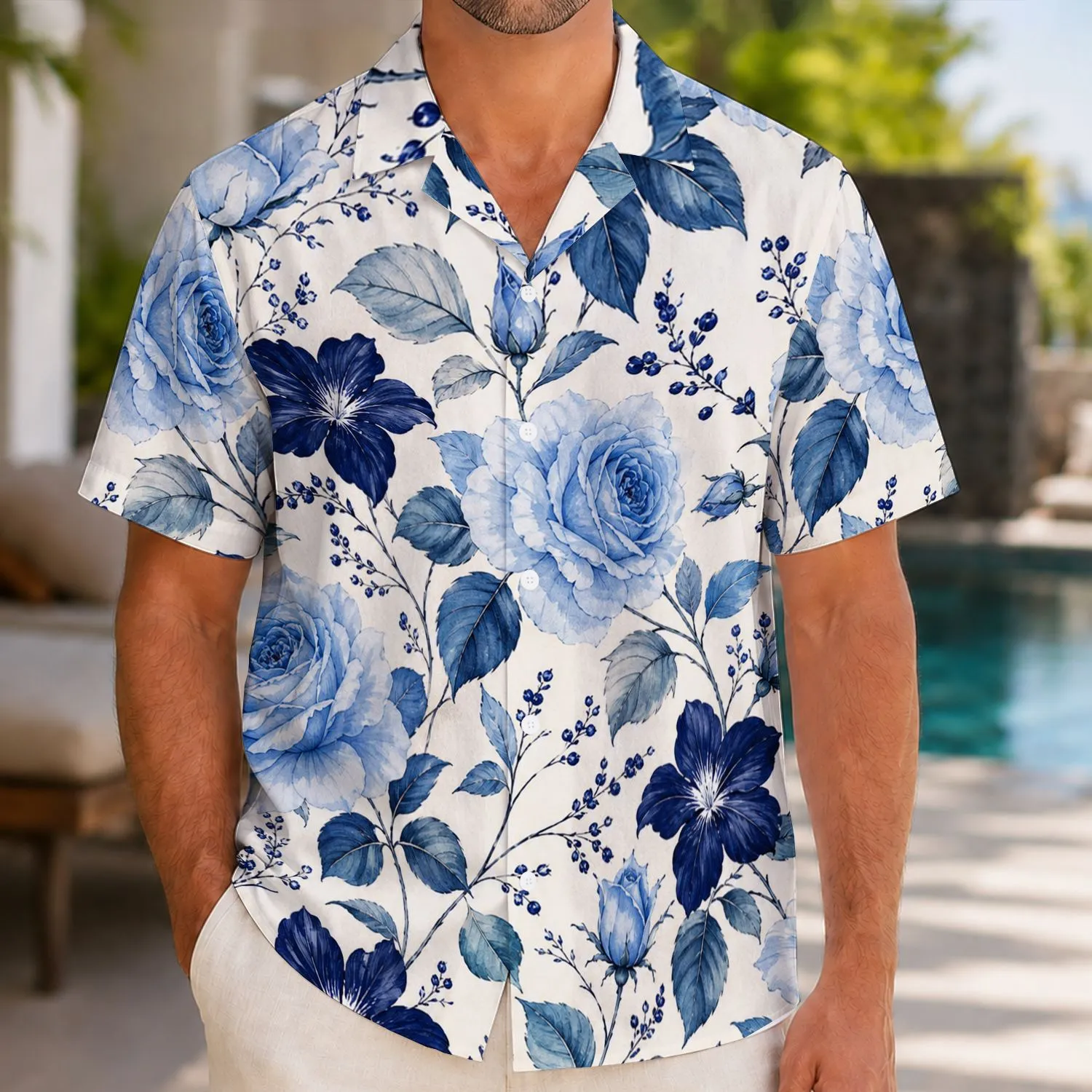 Blue Garden Rose And Indigo Floral Coastal Resort Vacation Wear For Fashionable Men Hawaiian Shirt - 1