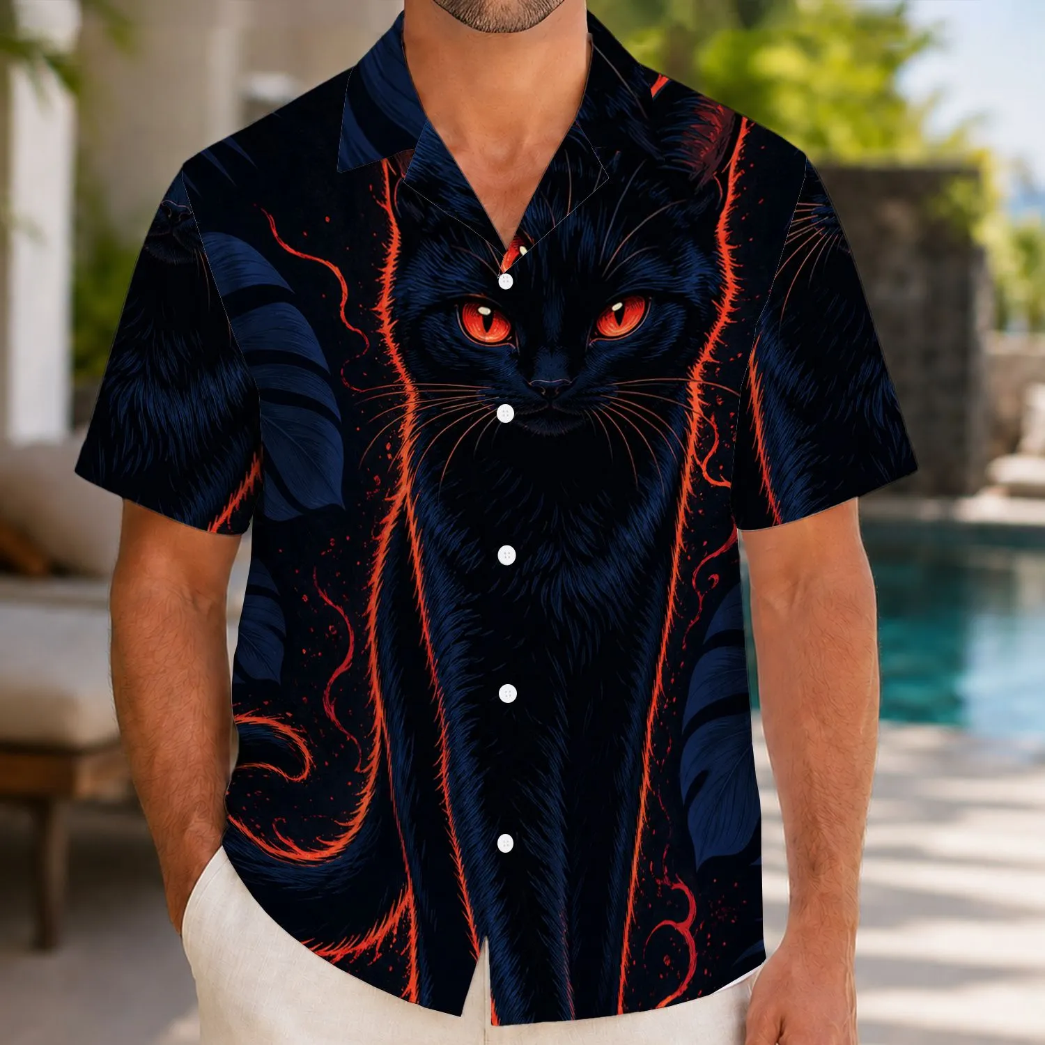 Ember-Eyed Black Cat With Tropical Leaves For Summer Night Parties And Cat Lovers Hawaiian Shirt - 1