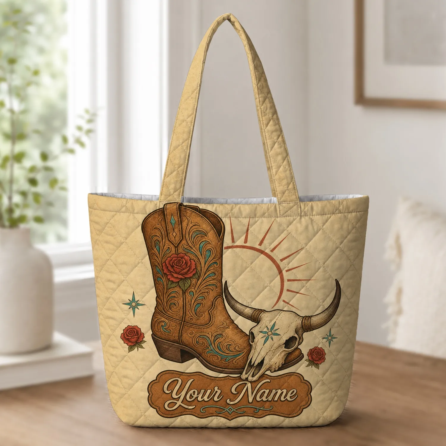Western Cowboy Boot And Longhorn Southwestern Style For Ranch Travel And Cowgirl Gifts Quilted Tote Bag - 1