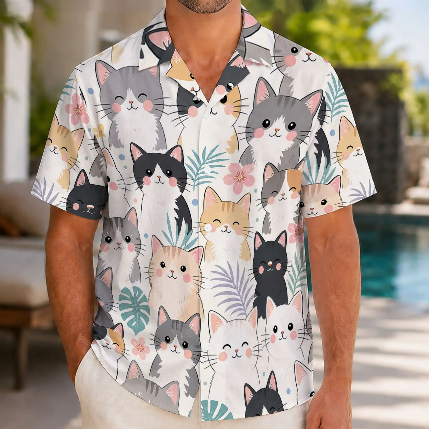 Cute Cartoon Cats With Tropical Flowers For Beach Vacations And Cat Lovers Everywhere Hawaiian Shirt - 1