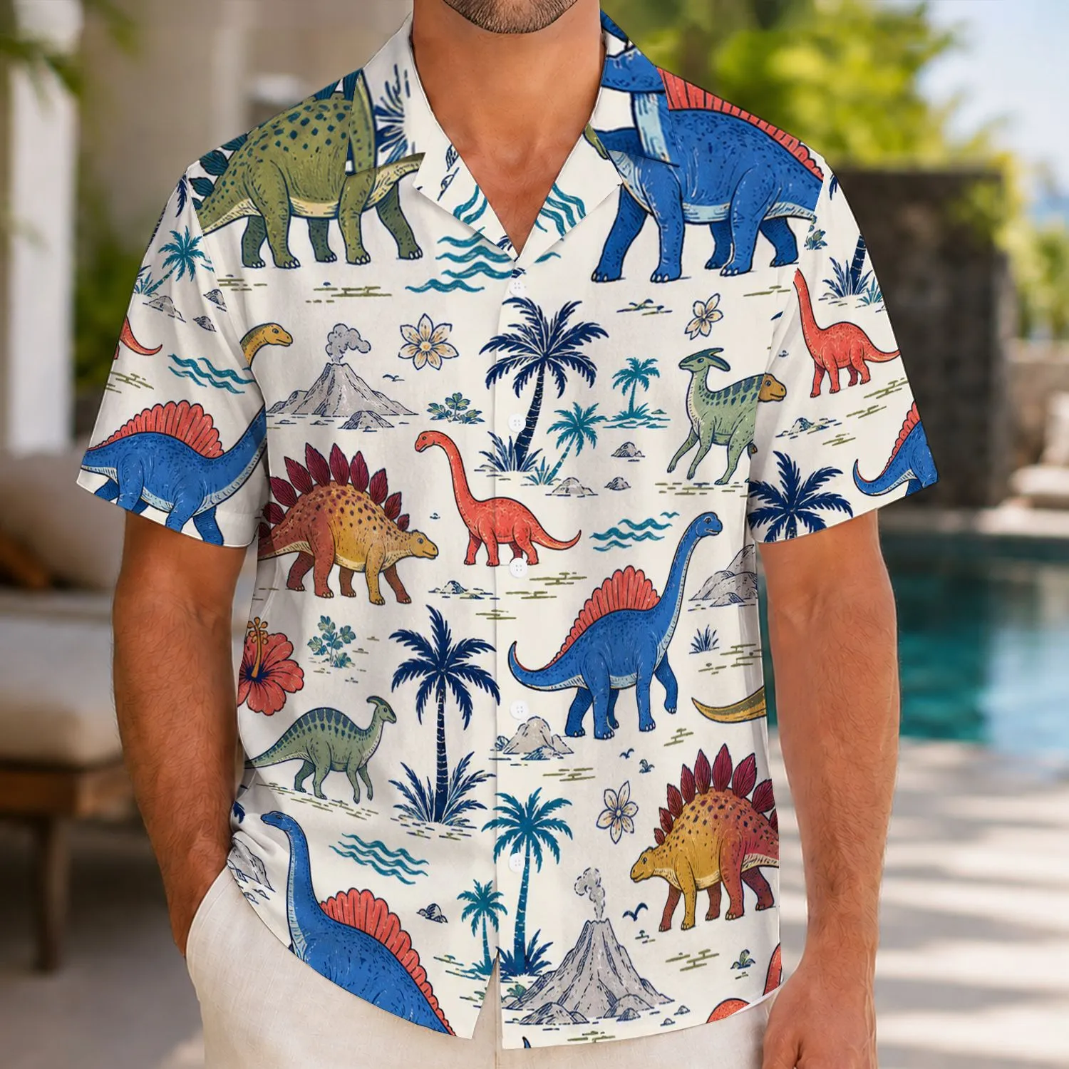Colorful Dinosaur Island Creatures For Tropical Vacation Travel And Relaxed Resort Wear Hawaiian Shirt - 1