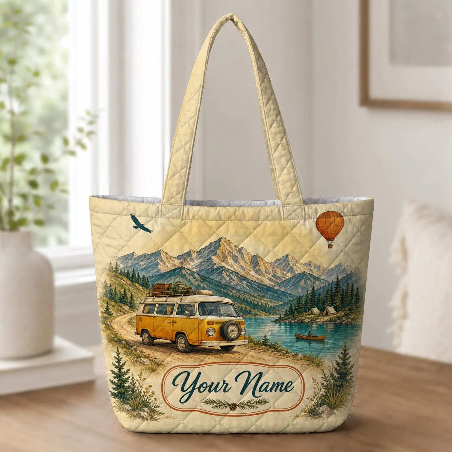 Retro Camper Van Alpine Lake Adventure Travel Gift For Camping And Road Trip Lovers Quilted Tote Bag - 1