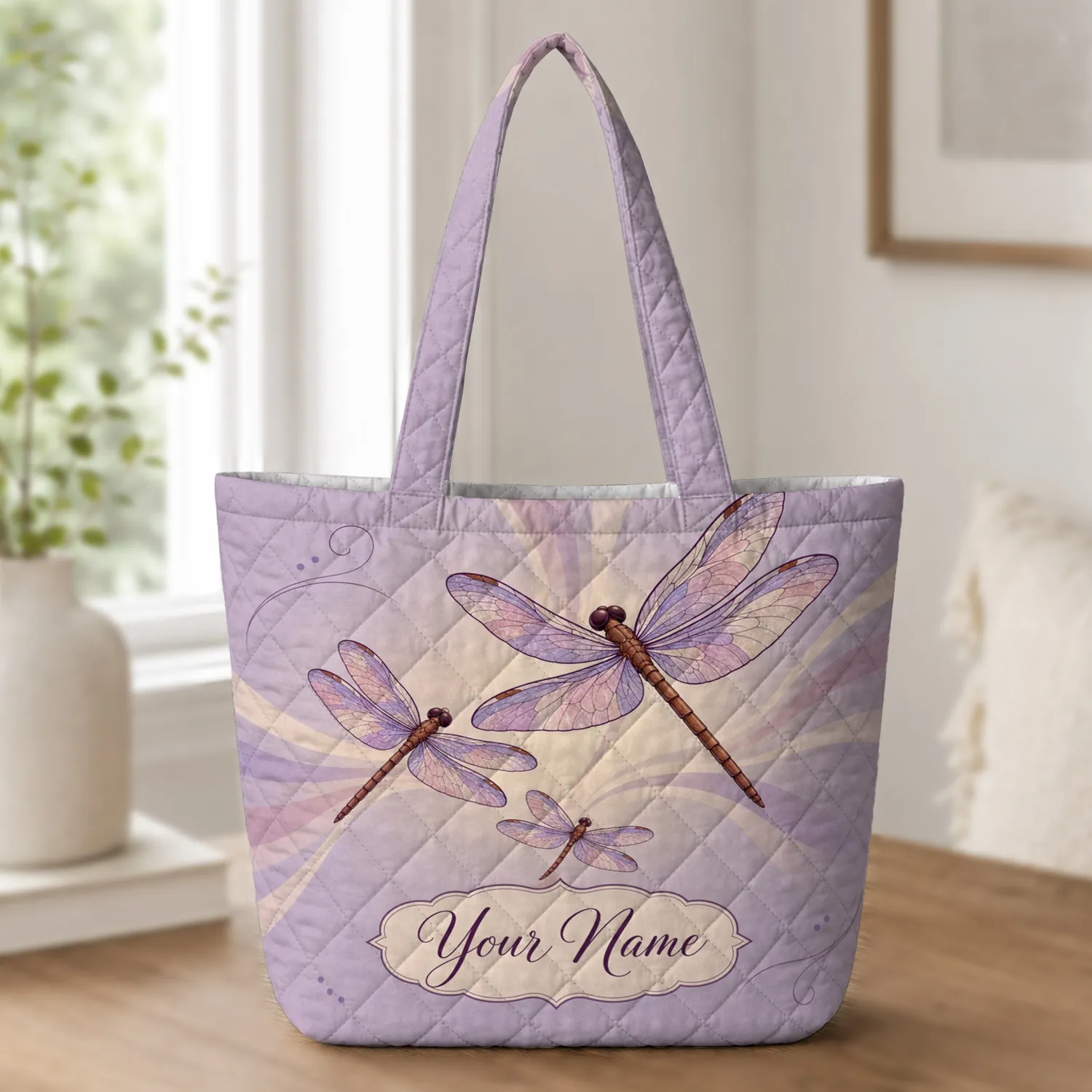 Vintage Dragonfly Art Deco Style for Travel, Work, Daily Carry, and Nature Lovers Quilted Tote Bag - 1