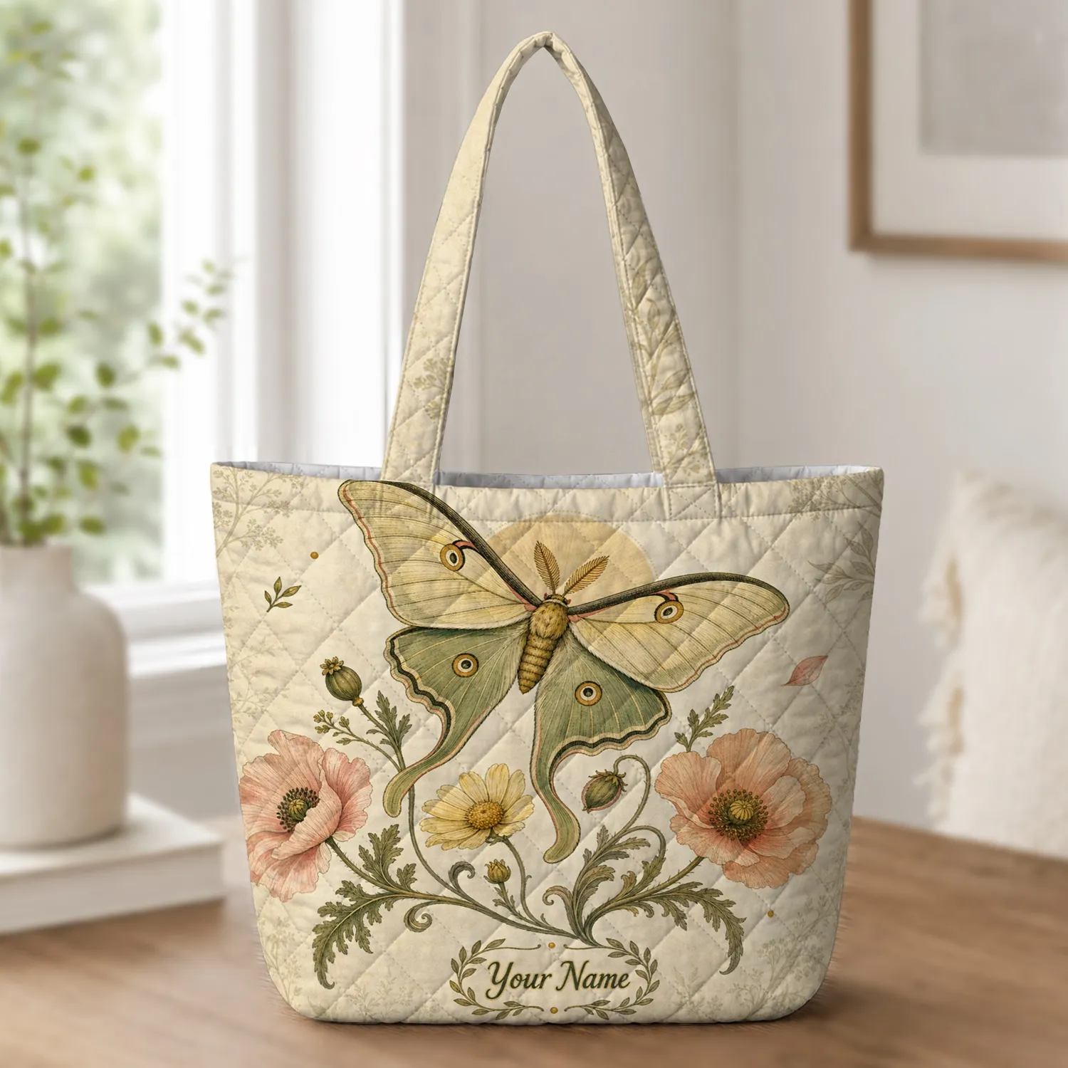 Luna Moth Wildflower Botanical Carryall For Garden Lovers And Everyday Market Trips Quilted Tote Bag - 1