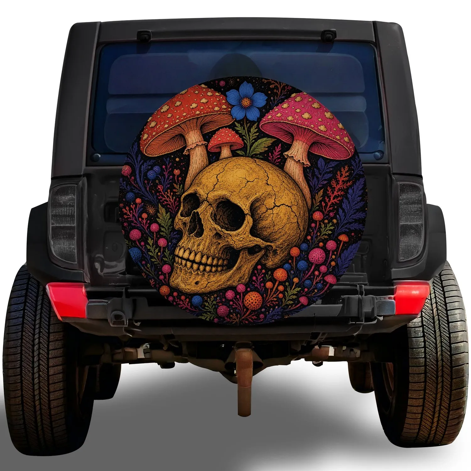 Golden Skull And Spotted Mushrooms For Boho Camping And Off Road Adventure Lovers Spare Tire Cover - 1