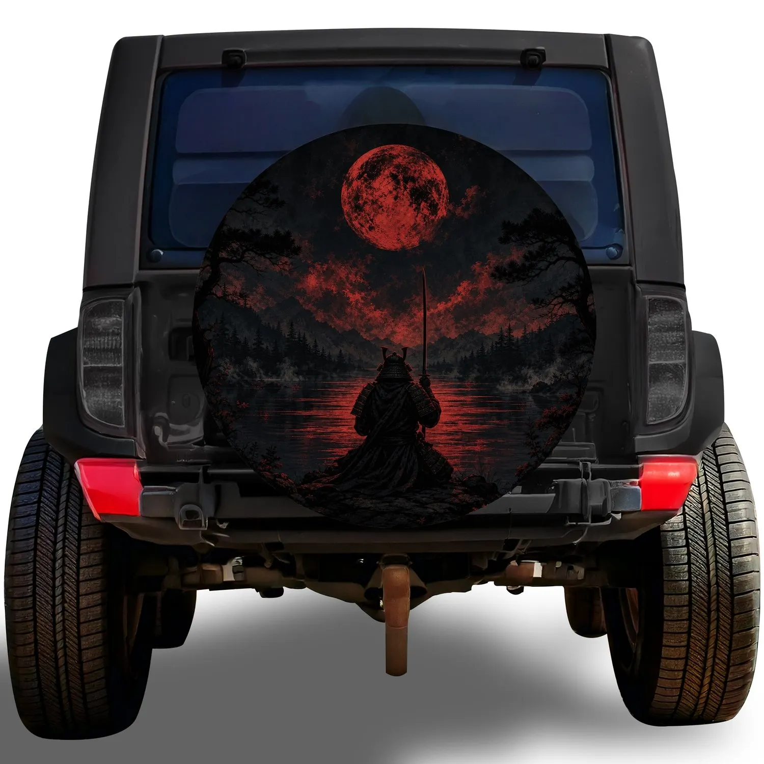 Moonlit Samurai Warrior Crimson Moon For Off Road Adventure And Japanese Style SUV Fans Spare Tire Cover - 1