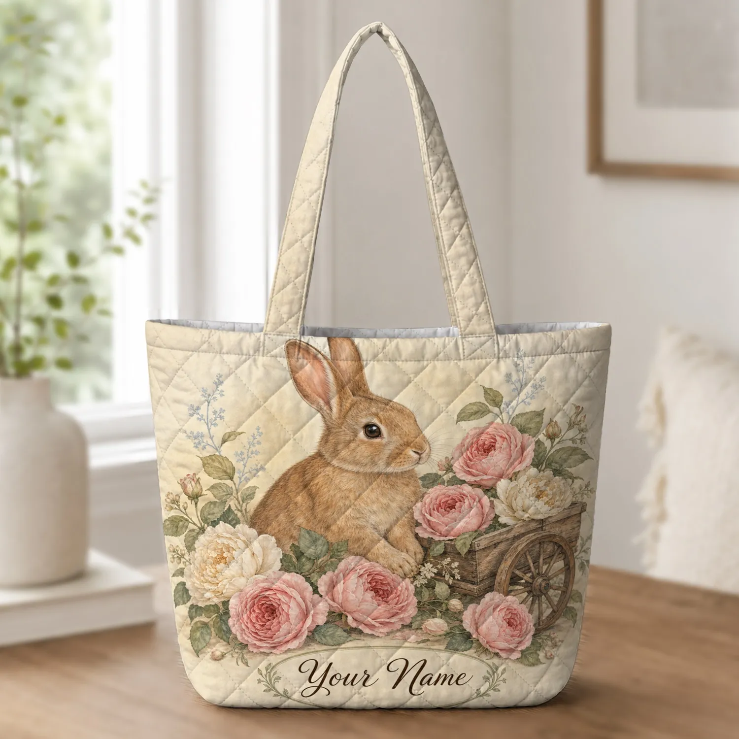 Vintage Rabbit And Rose Garden Gift For Spring Birthdays And Cottagecore Enthusiasts Quilted Tote Bag - 1