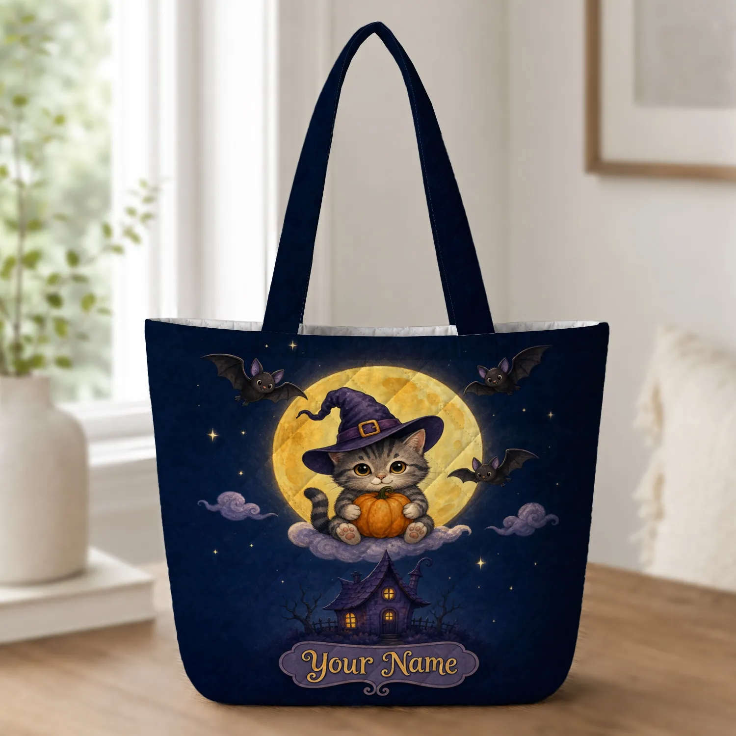Tabby Witch Kitten With Pumpkin Halloween Night Gift For Cat Lovers And Spooky Season Quilted Tote Bag - 1