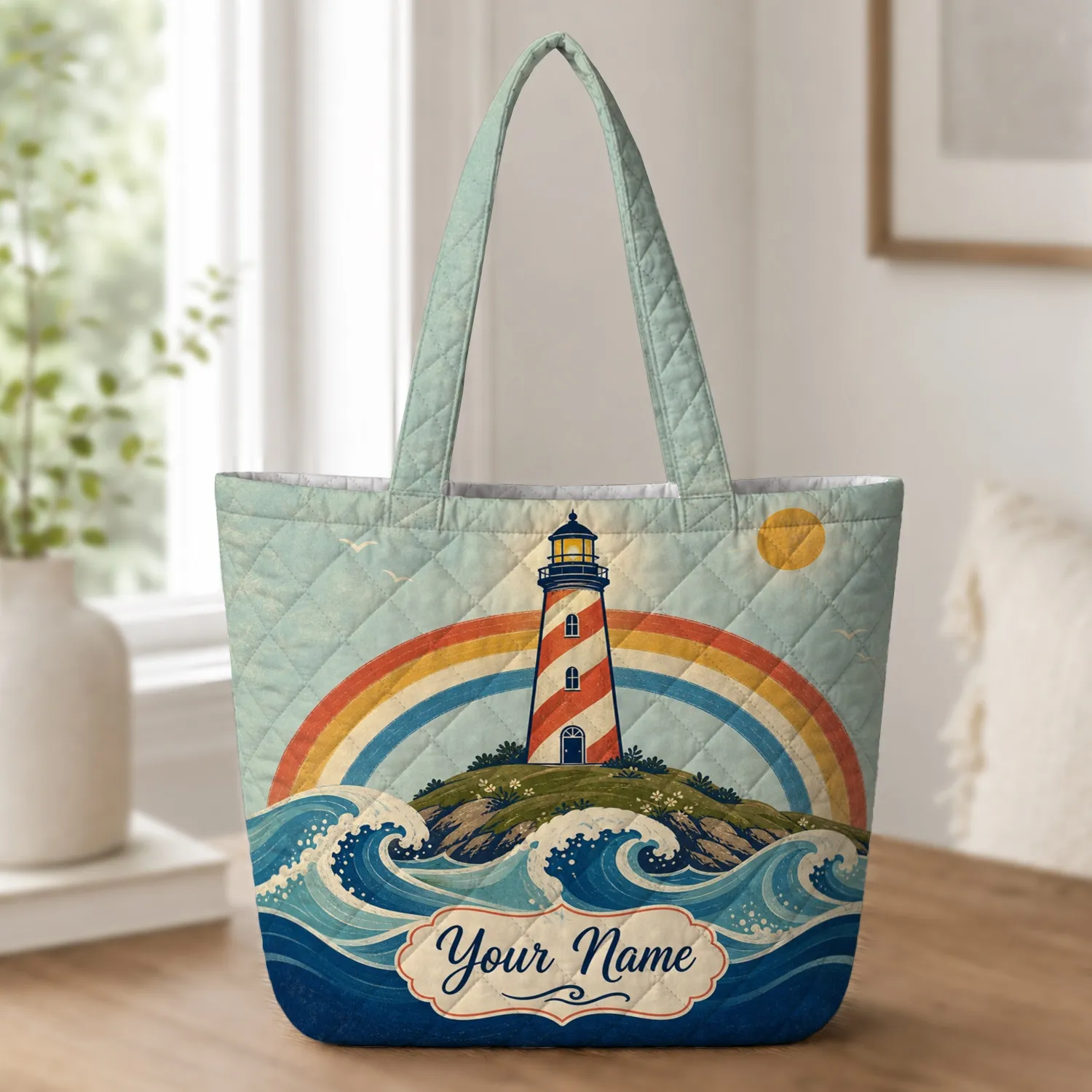 Retro Lighthouse Rainbow Waves Coastal Beach Gift For Nautical Home Decor Lovers Quilted Tote Bag - 1
