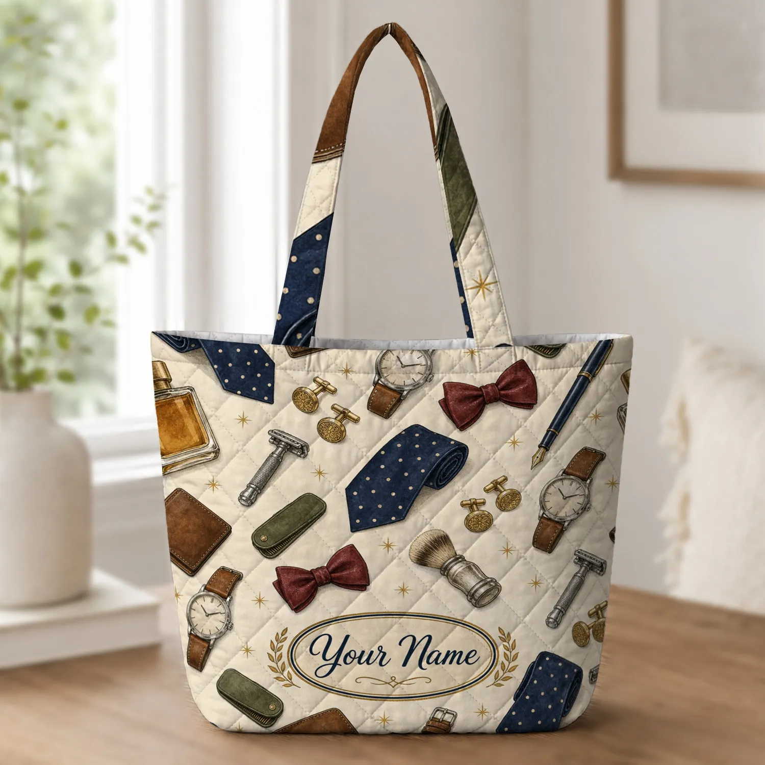 Vintage Gentleman Accessories Gift For Dad, Groomsmen, Travel, And Everyday Style Quilted Tote Bag - 1