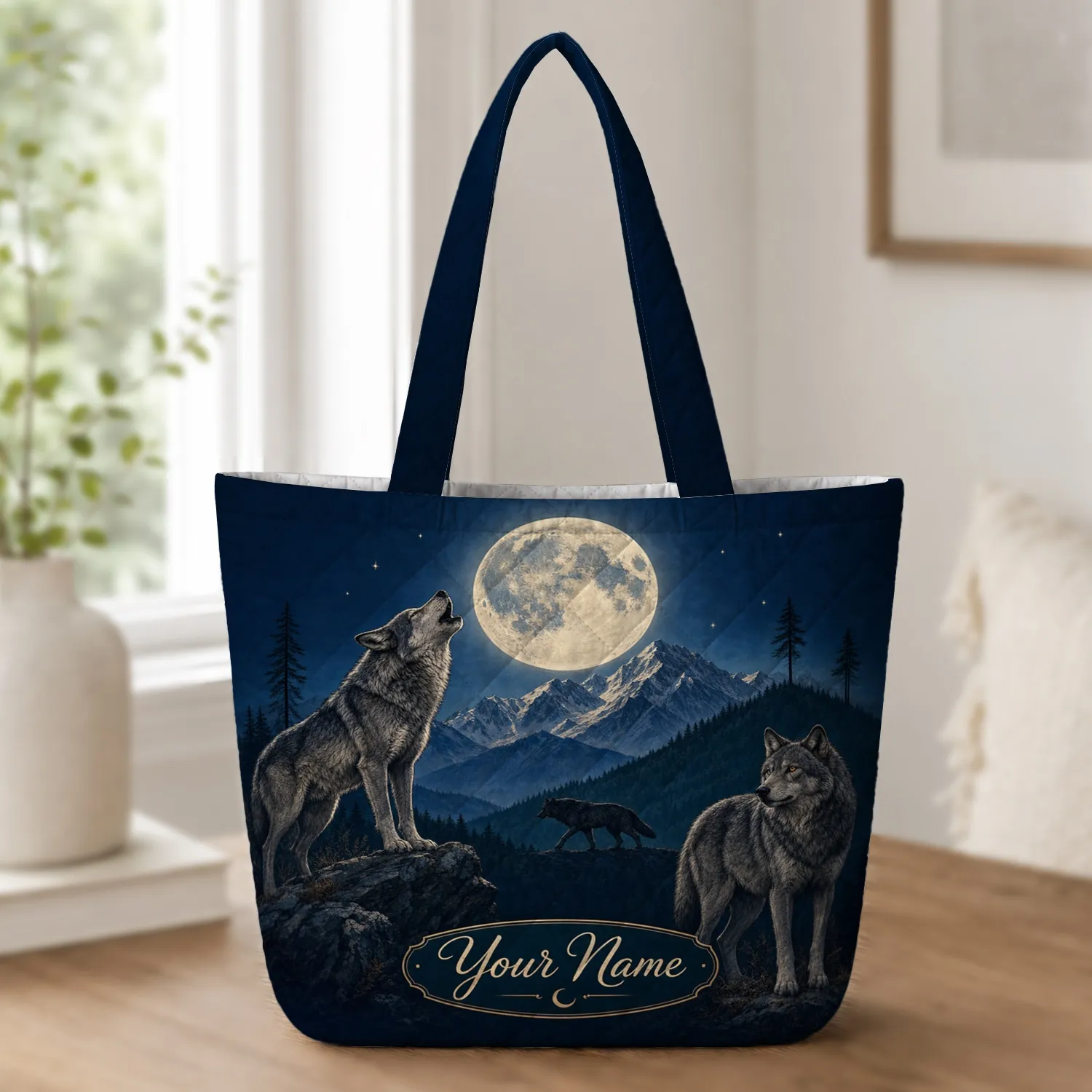 Moonlit Wolf Mountain Scene for Hiking Trips, Wildlife Lovers and Nature Gift Giving Quilted Tote Bag - 1