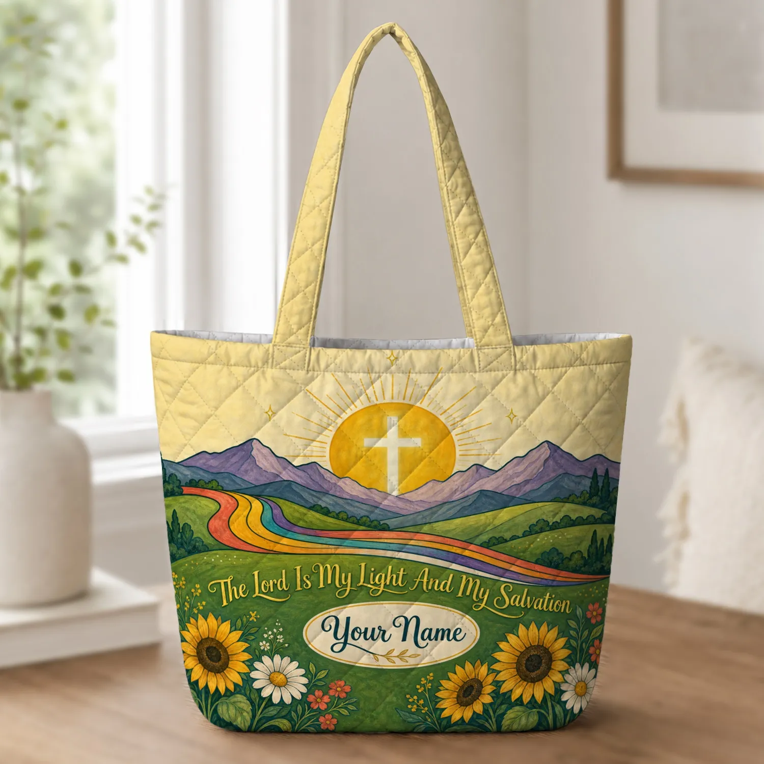 Christian Sunrise Cross Rainbow Floral Faith Gift for Women Church Daily Inspiration Quilted Tote Bag - 1