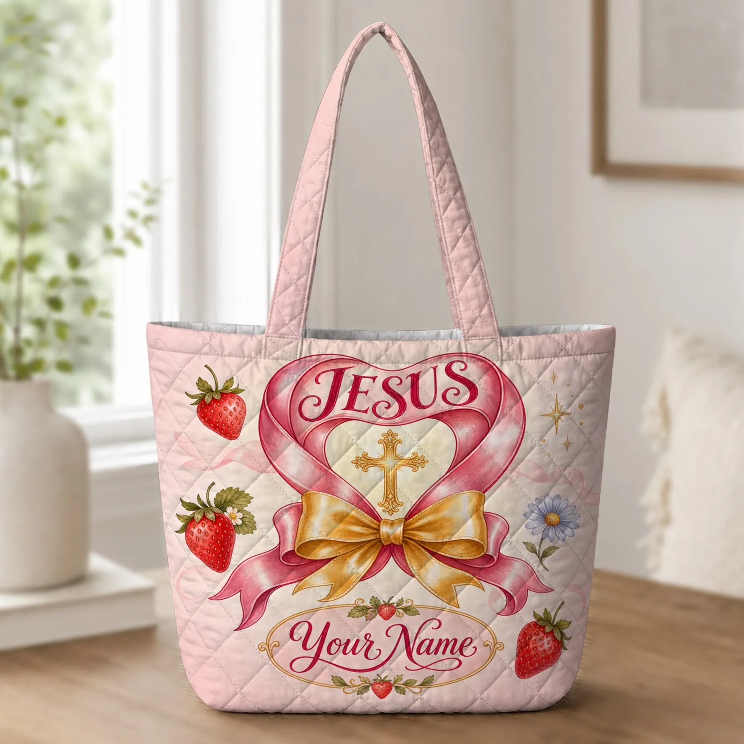 Jesus Heart Ribbon Cross Strawberry Faith Gift For Christian Women And Church Events Quilted Tote Bag - 1