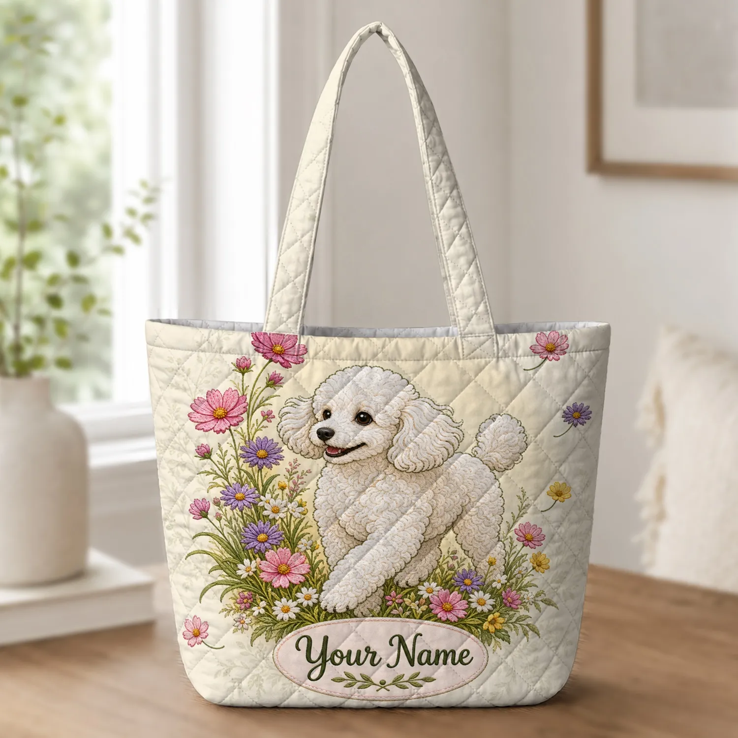 Fluffy White Poodle Wildflowers For Everyday Travel Dog Mom Gifts And Errands Quilted Tote Bag - 1