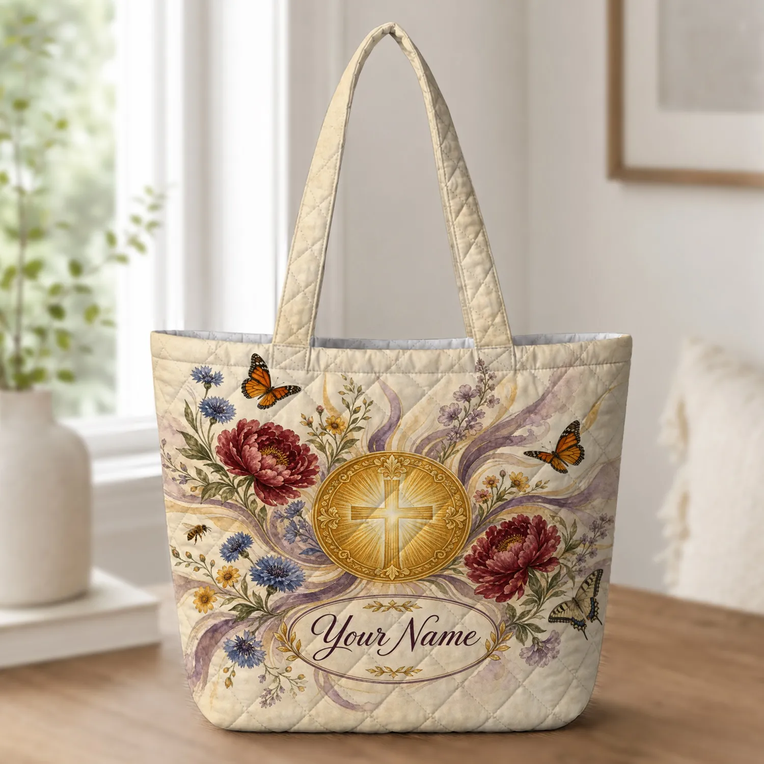 Christian Cross Floral Sunburst For Church, Easter And Everyday Faith Gift Giving Quilted Tote Bag - 1