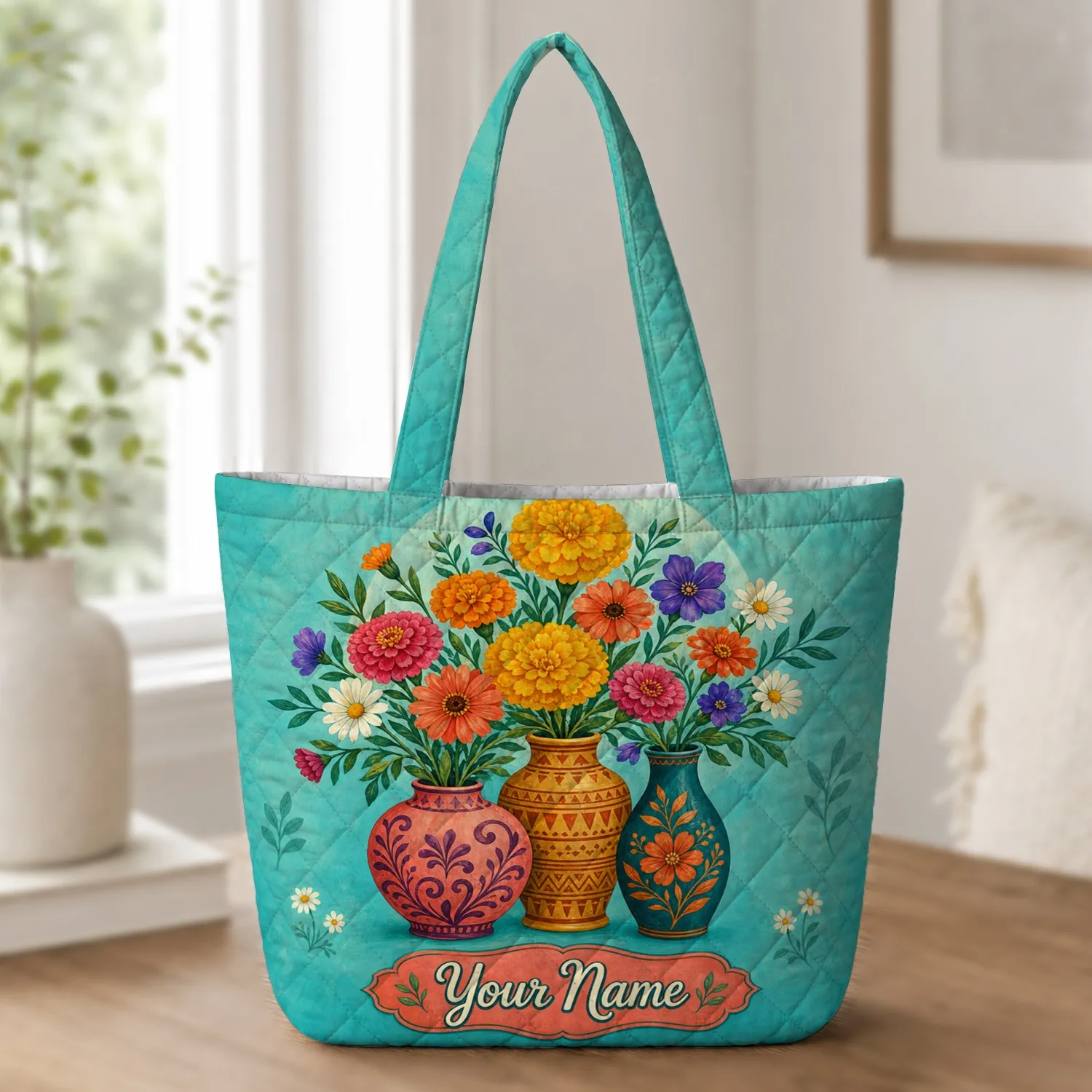 Colorful Folk Art Flower Vases for Everyday Carry, Travel, and Garden Lover Gifts Quilted Tote Bag - 1