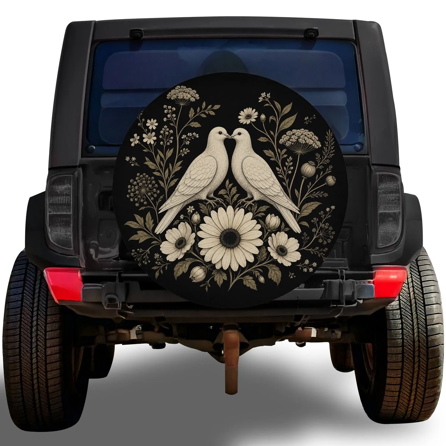Ivory Doves And Wildflowers Vintage Engraving For Romantic RV And SUV Road Trips Spare Tire Cover - 1