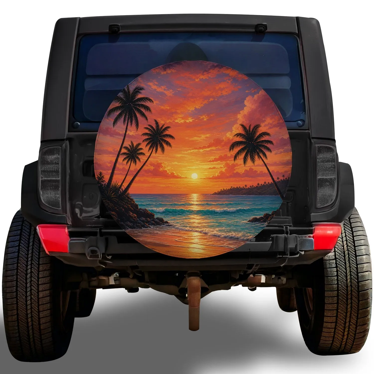 Tropical Sunset Palm Beach Scene For Coastal Road Trips And Island Adventure Lovers Spare Tire Cover - 1