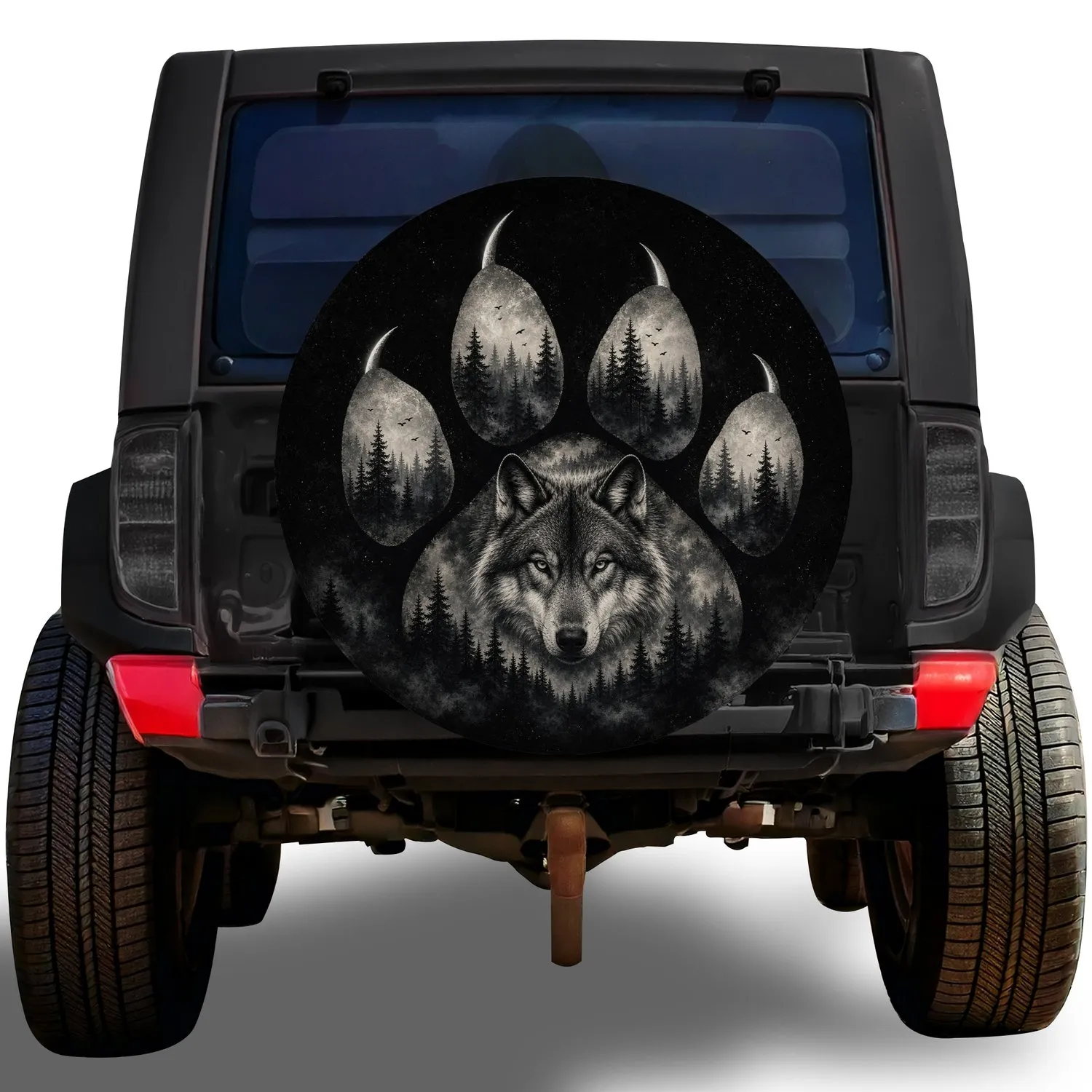 Moonlit Wolf Paw Forest Emblem For Outdoor RV Camping And Wilderness Adventure Lovers Spare Tire Cover - 1