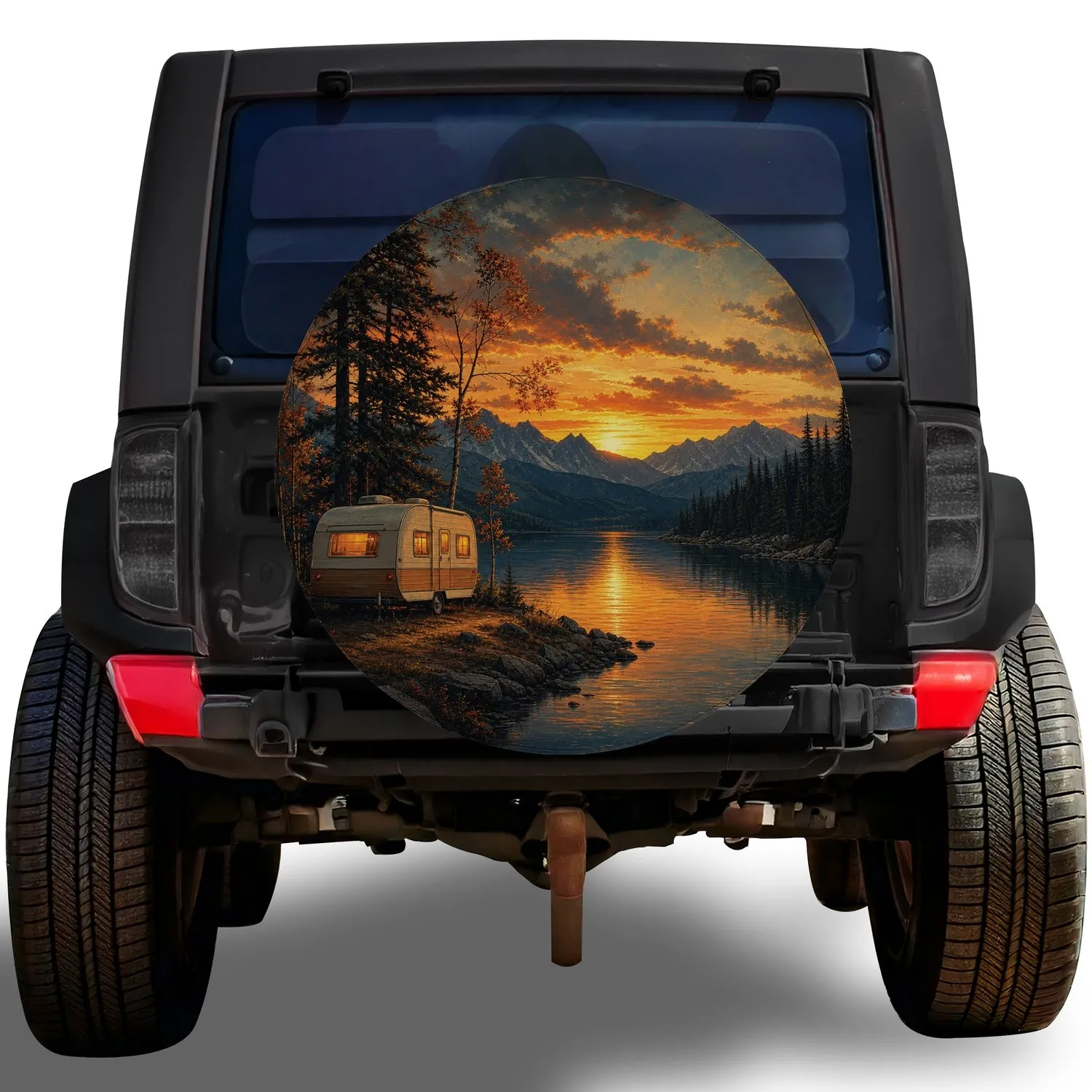 Vintage Alpine Lake Sunset Travel Trailer Camping Adventure for RV and SUV Owners Spare Tire Cover - 1