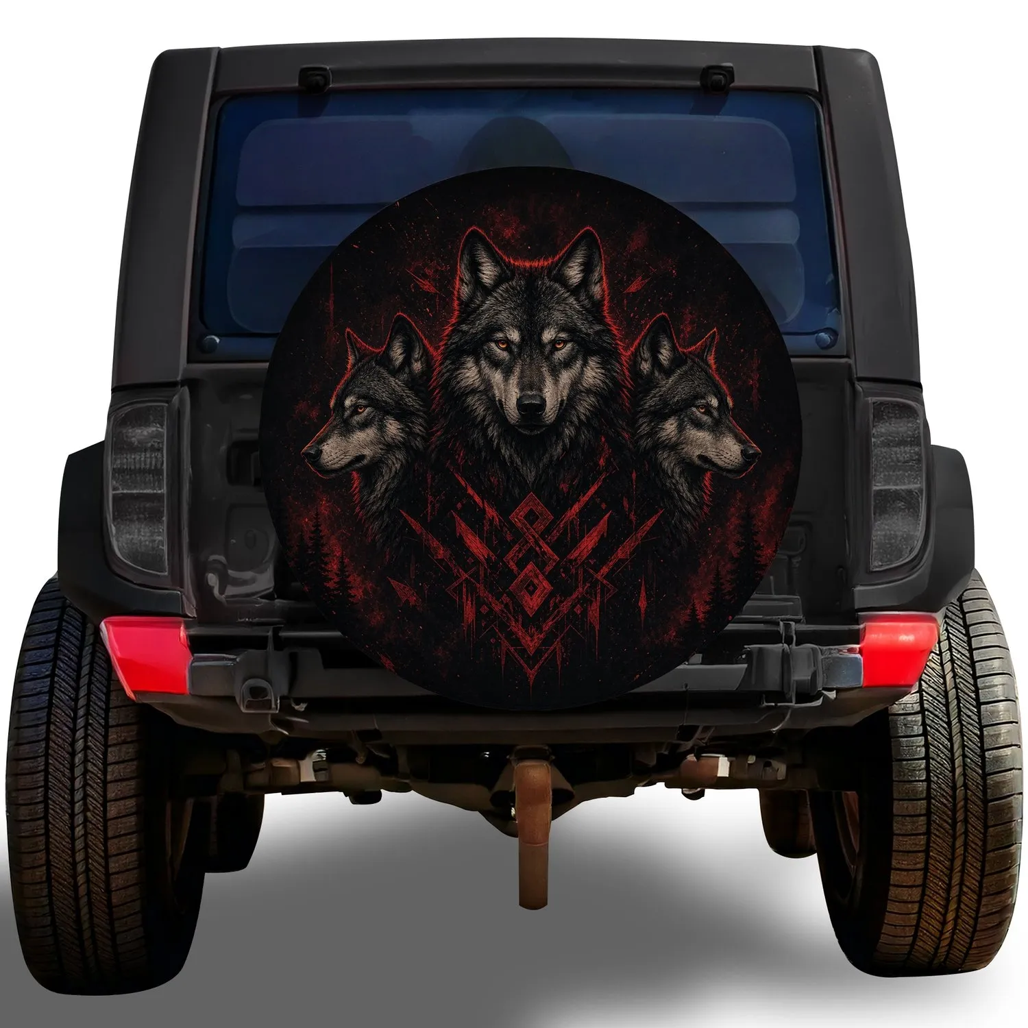 Three Wolves Red Ember Totem For Off Road Camping, Overlanding And Outdoor Adventure Spare Tire Cover - 1