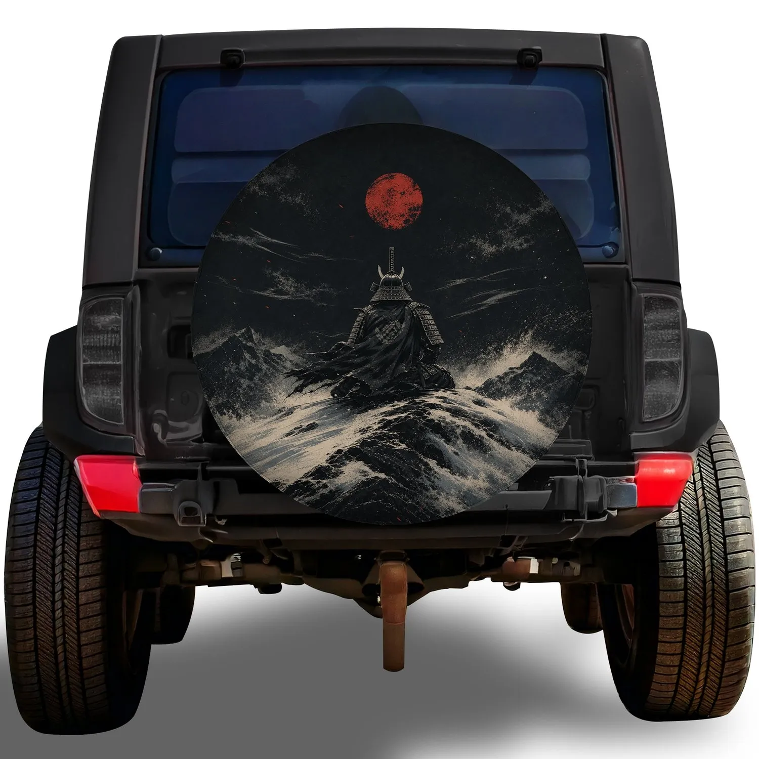 Kneeling Samurai Under Crimson Moon Japanese Night Art For Off Road SUV Adventures Spare Tire Cover - 1