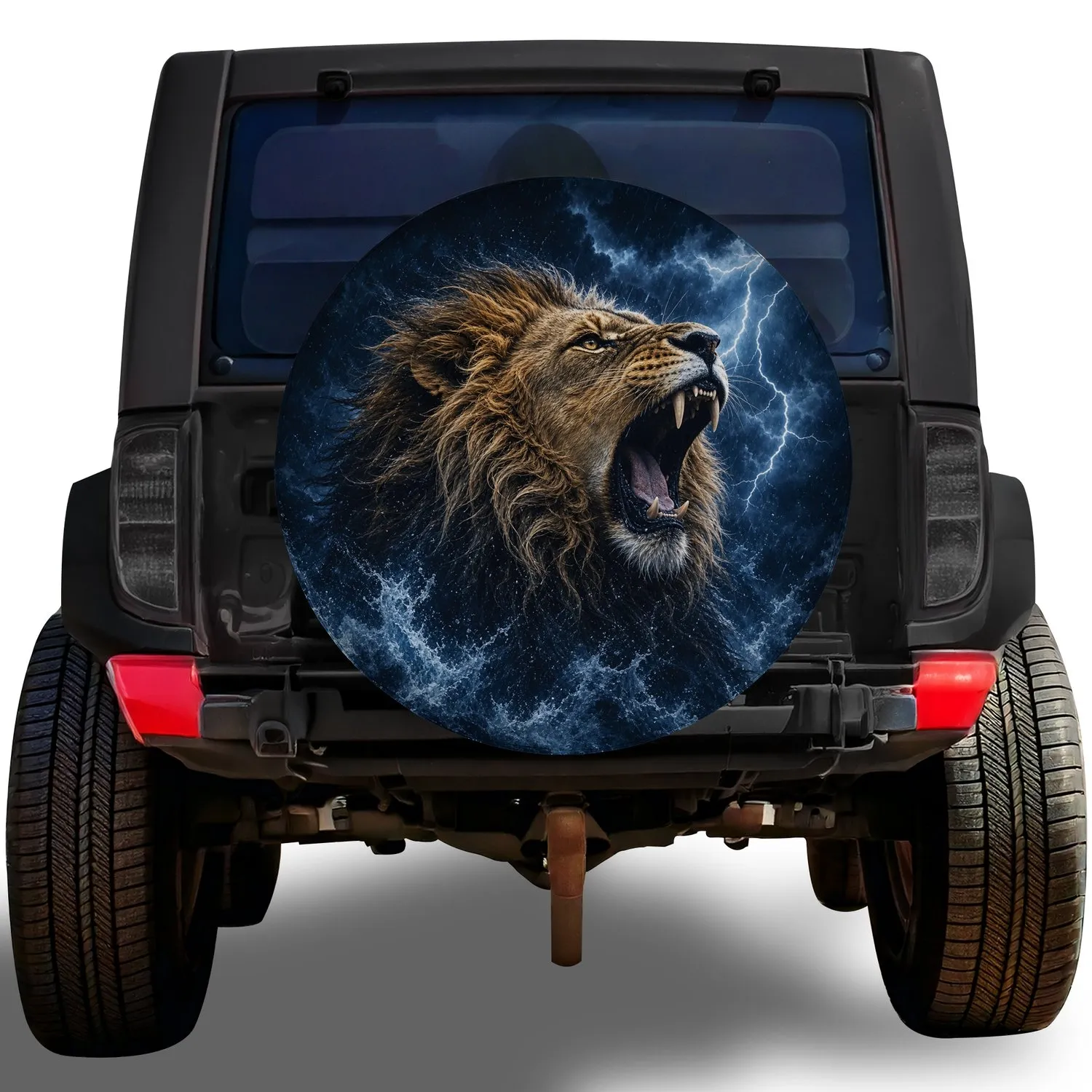Roaring Lion In Lightning Storm For Rugged Off Road Adventure Outdoor SUV Drivers Spare Tire Cover - 1