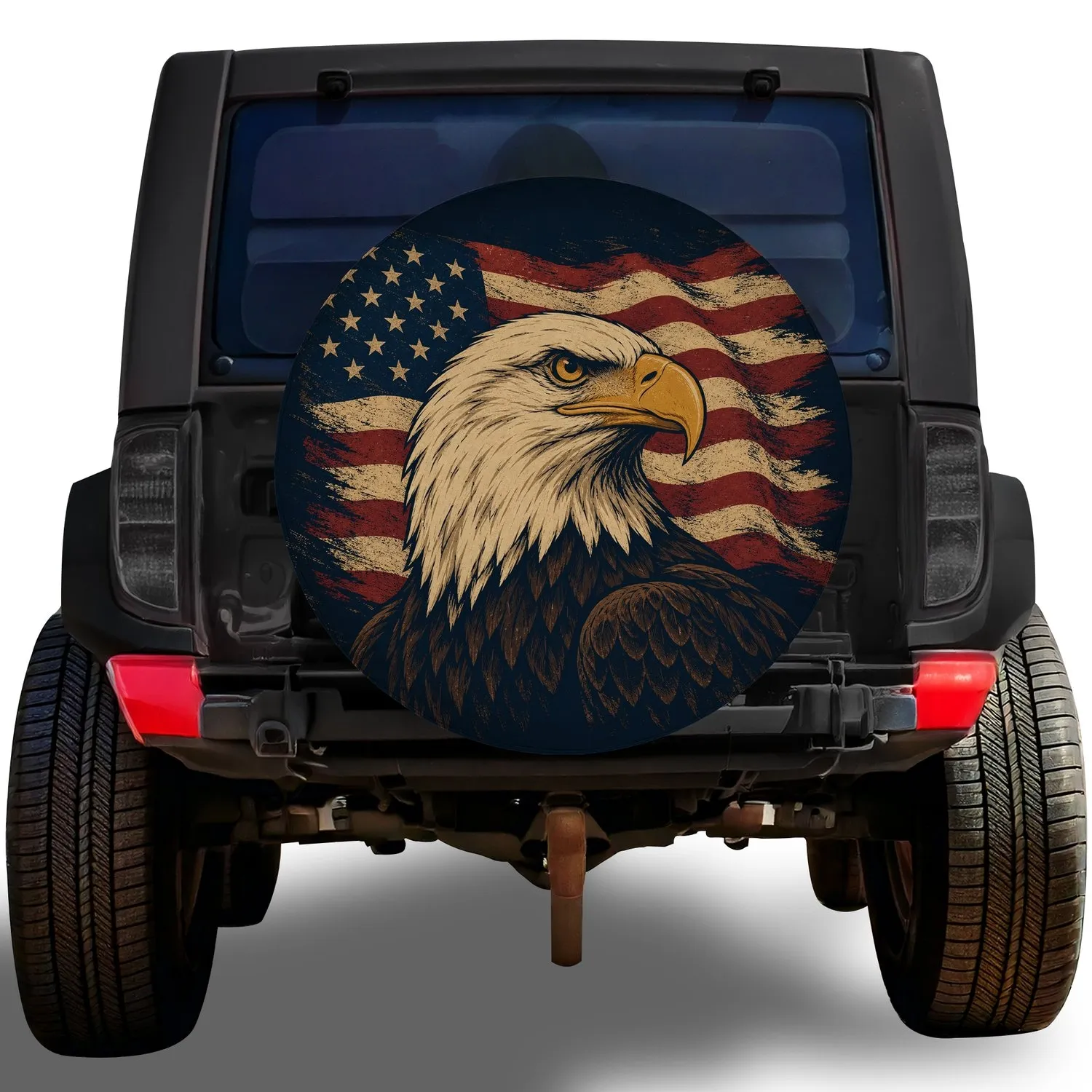 Bald Eagle American Flag Vintage Patriotic Off Road Adventure SUV Driver Gift Idea Spare Tire Cover - 1