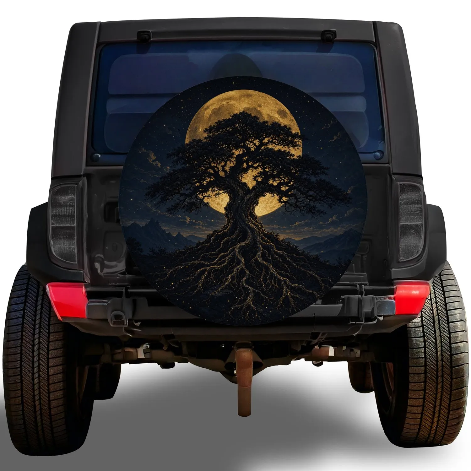 Ancient Tree And Golden Moon For Night Road Trips, Camping, And Meditation Lovers Spare Tire Cover - 1