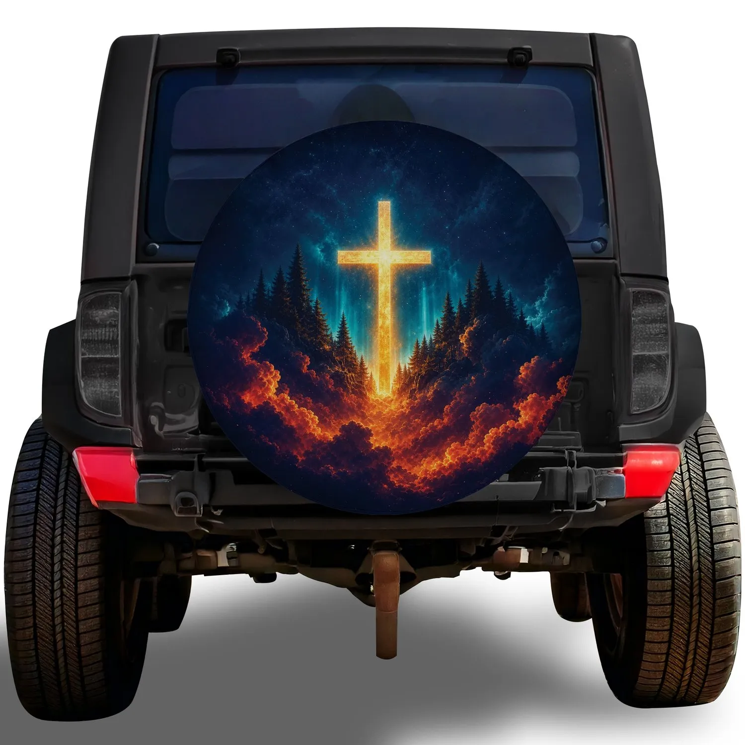 Glowing Golden Cross Over Forest Clouds For Christian Off Road Adventure Faith Gifts Spare Tire Cover - 1