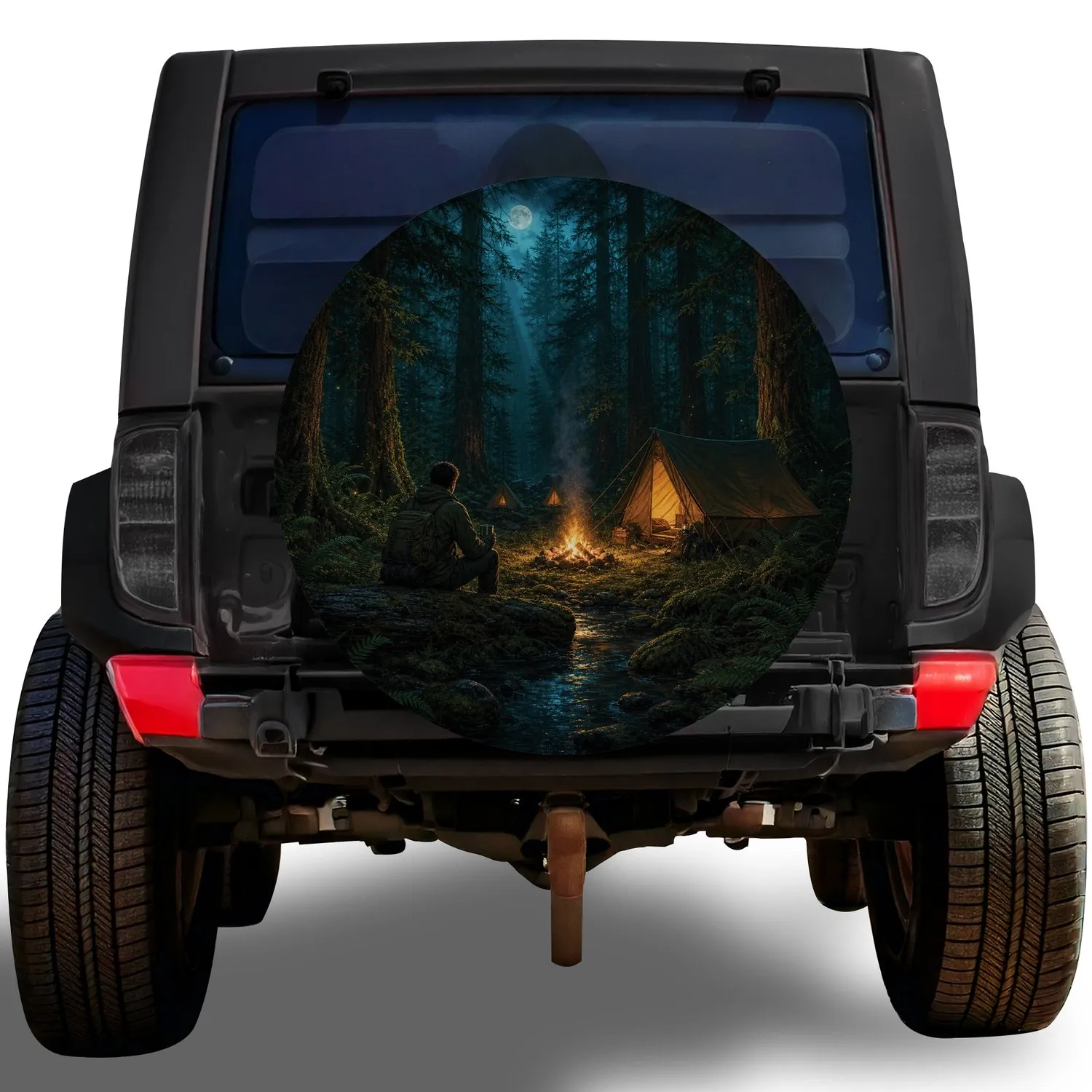 Moonlit Forest Campfire Scene for Overland Camping and Outdoor Adventure Lovers Spare Tire Cover - 1