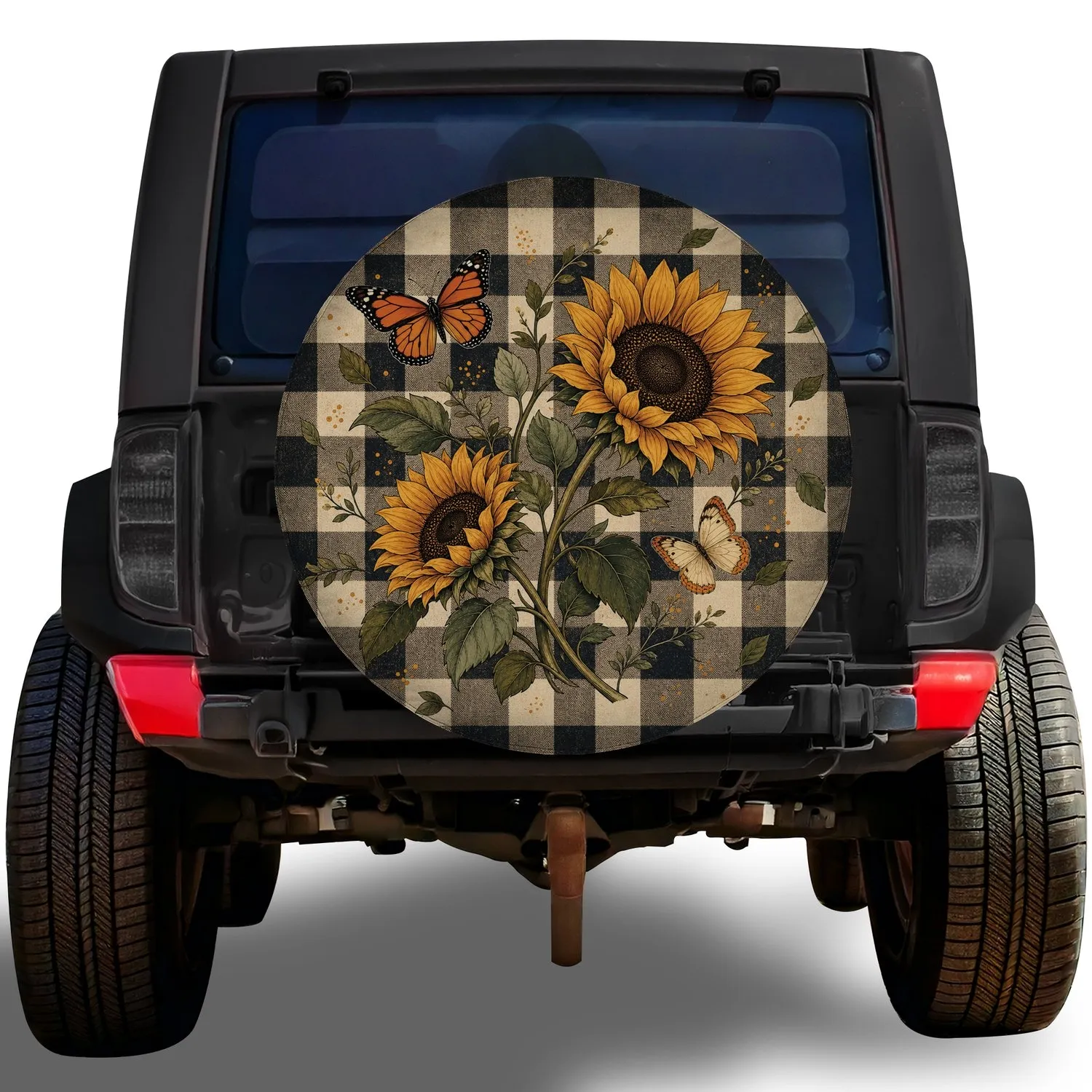 Sunflowers And Monarch Butterfly Gingham For Rustic Road Trips And Nature Lovers Spare Tire Cover - 1