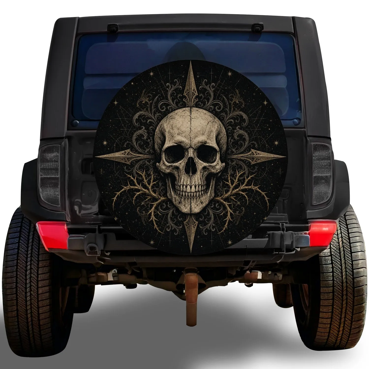 Vintage Gothic Skull Compass Art for Off Road Adventure Travel SUVs and Jeep Drivers Spare Tire Cover - 1