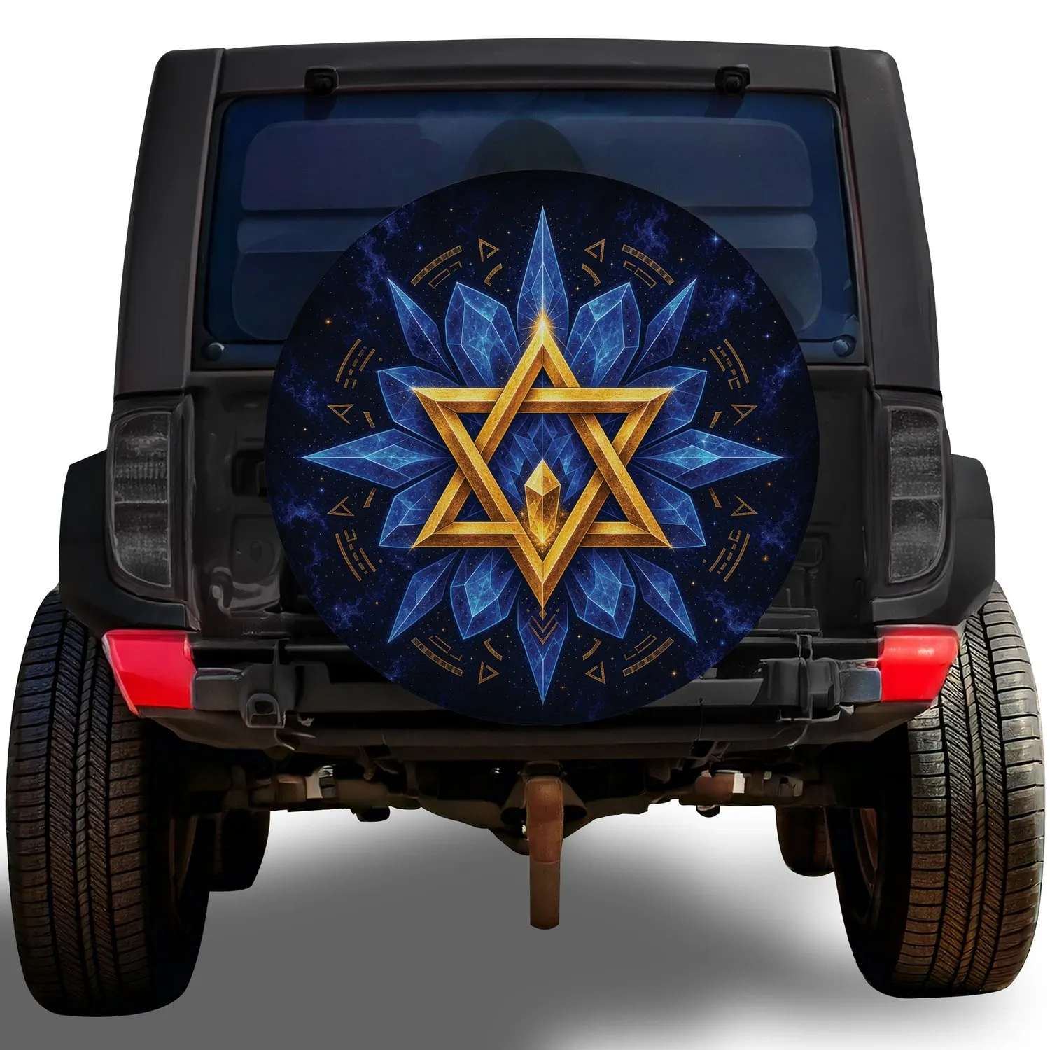 Golden Hexagram And Blue Lotus Mystic Emblem For Camping And Overland Travel Vehicles Spare Tire Cover - 1