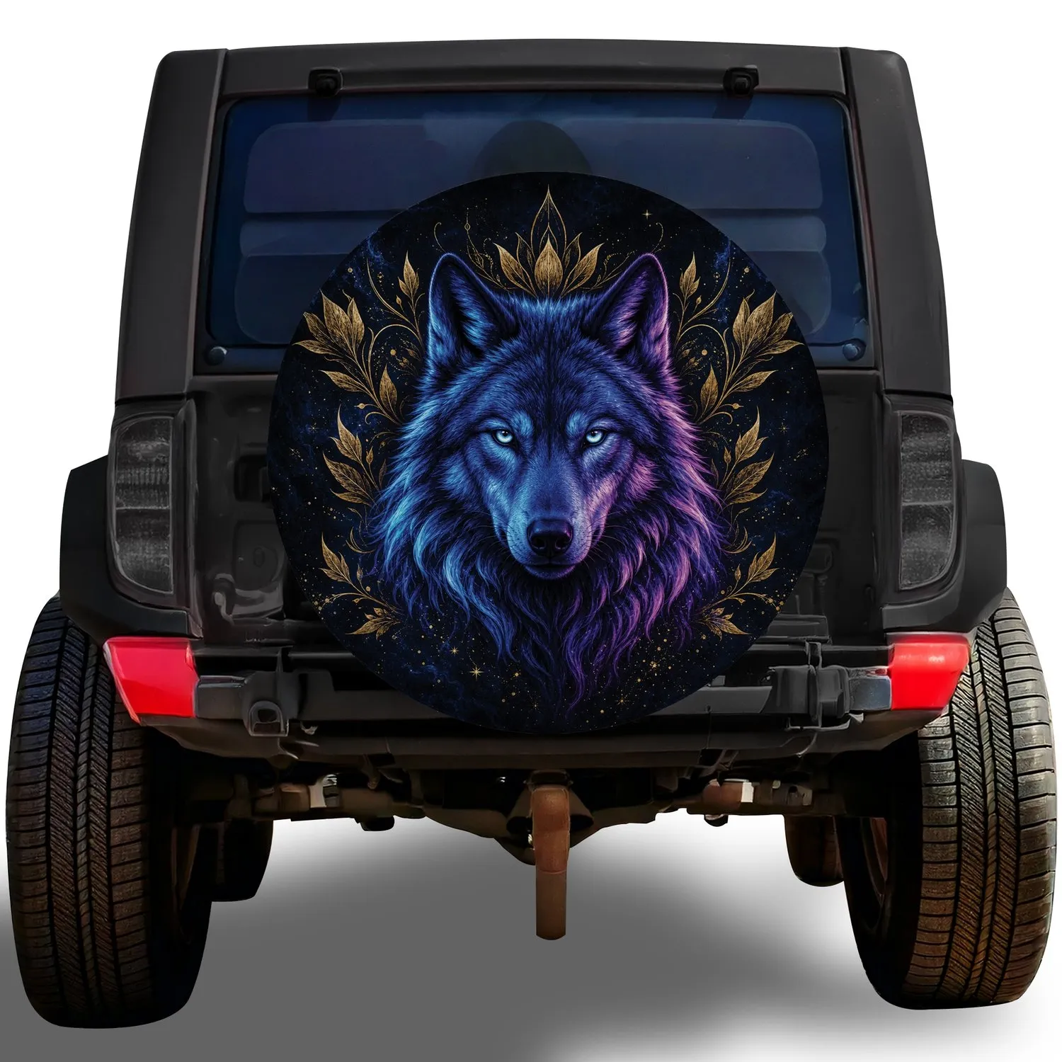 Iridescent Blue Wolf And Gold Botanicals For Mystical Off Road Adventure Lovers Spare Tire Cover - 1