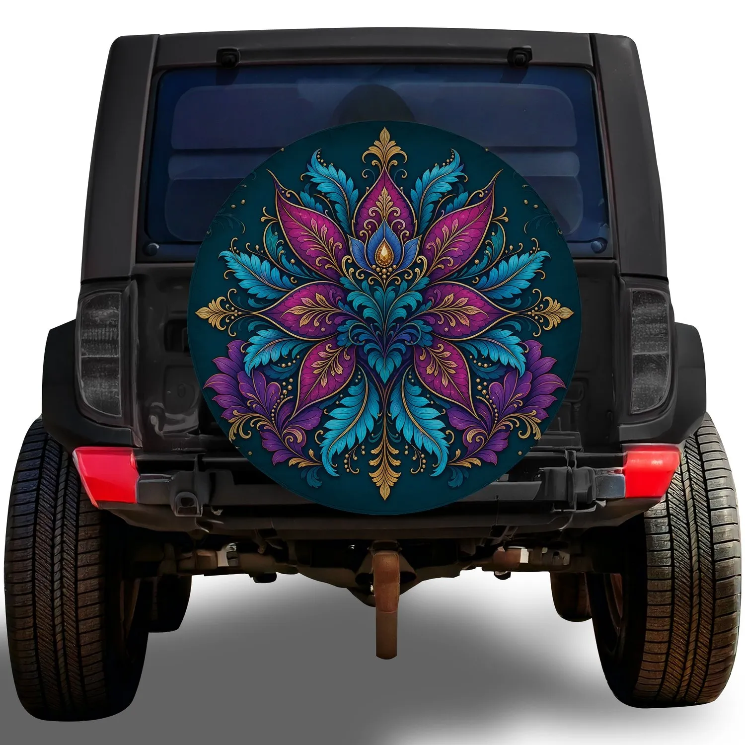 Peacock Teal Floral Mandala for Boho Road Trips and Colorful Adventure Vehicle Style Spare Tire Cover - 1