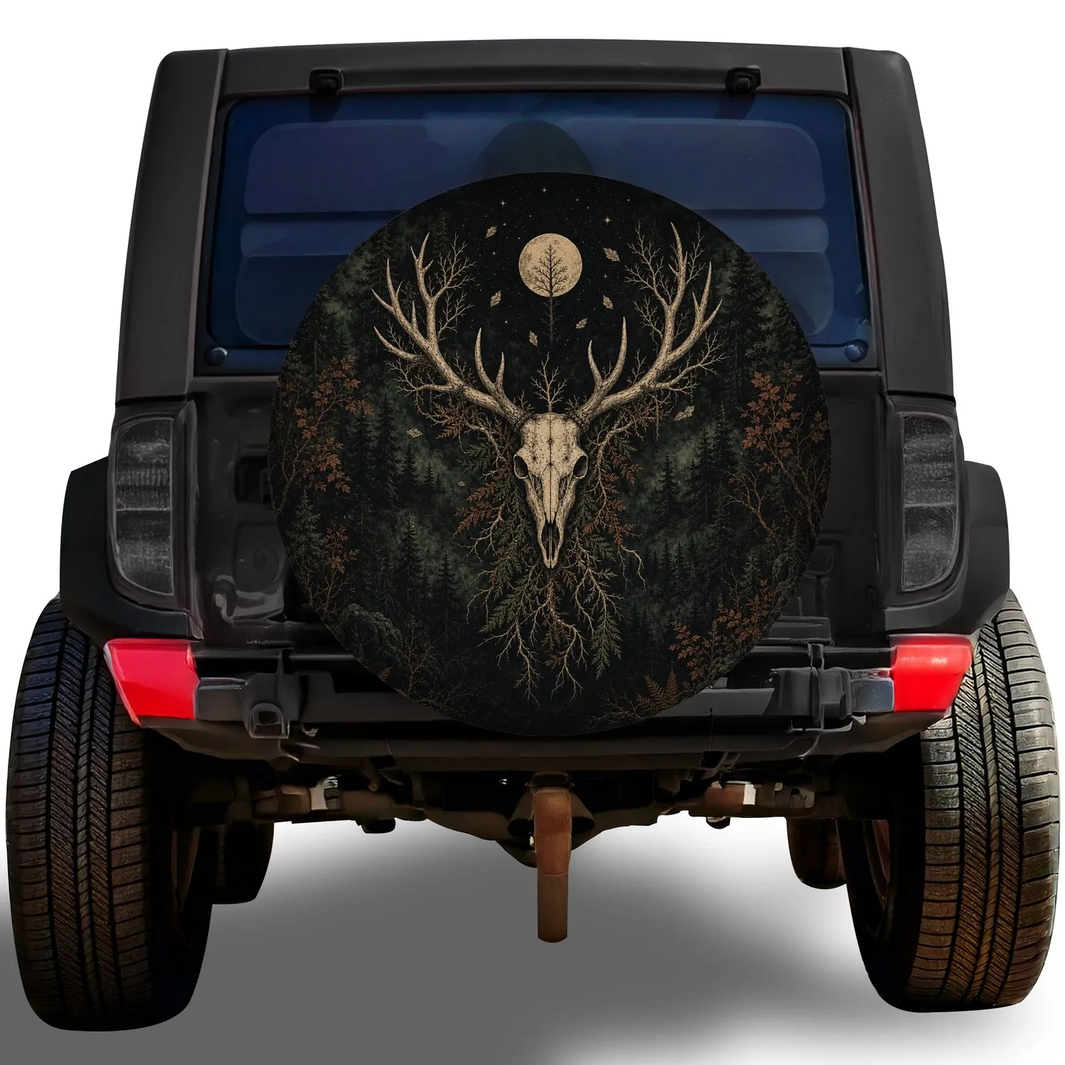 Deer Skull Antlers Dark Forest Gothic Overland Adventure Gift For Outdoor Hunters Spare Tire Cover - 1