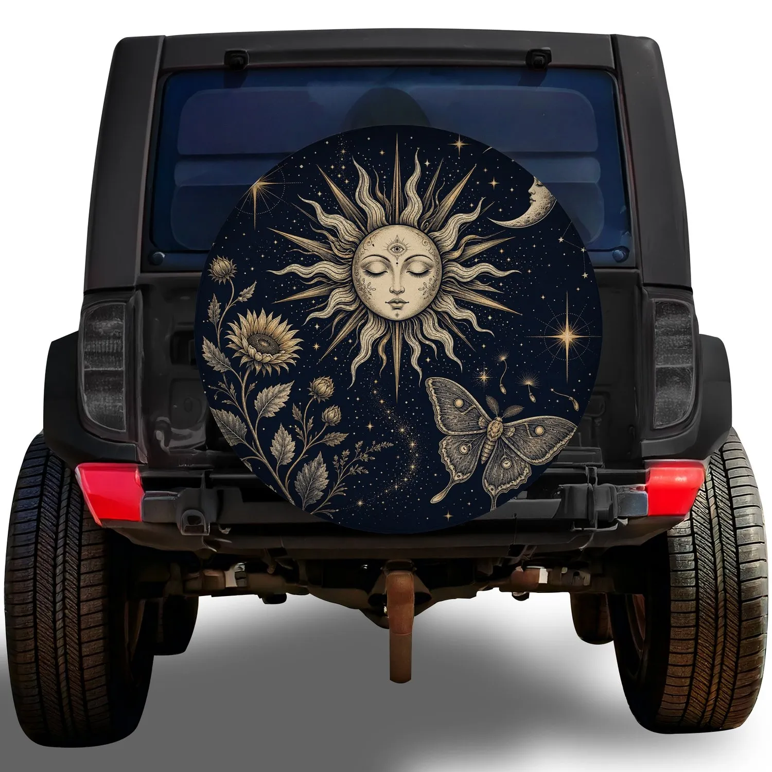 Mystical Celestial Sun Moon Moth Floral Motif For Boho Road Trips And Nature Lovers Spare Tire Cover - 1