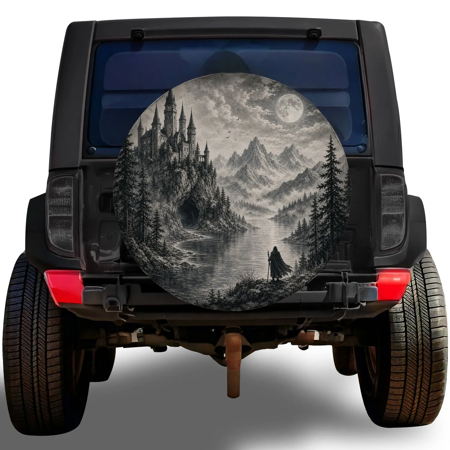 Moonlit Castle And Mountain Lake For Adventure Travelers And Gothic Fantasy Fans Spare Tire Cover - 1