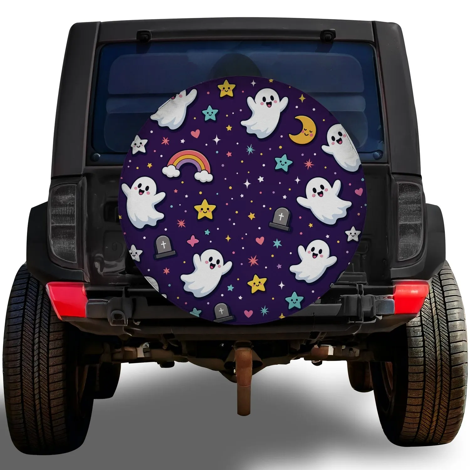 Cute Ghosts Stars Rainbow Halloween Night Sky For Spooky Season Road Trip Accessory Spare Tire Cover - 1