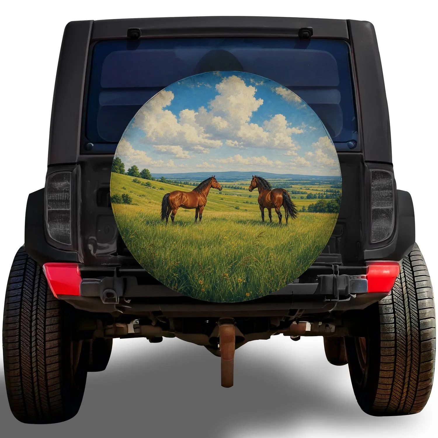 Two Brown Horses On Prairie For Camping Road Trips And Western Country Trail Lovers Spare Tire Cover - 1
